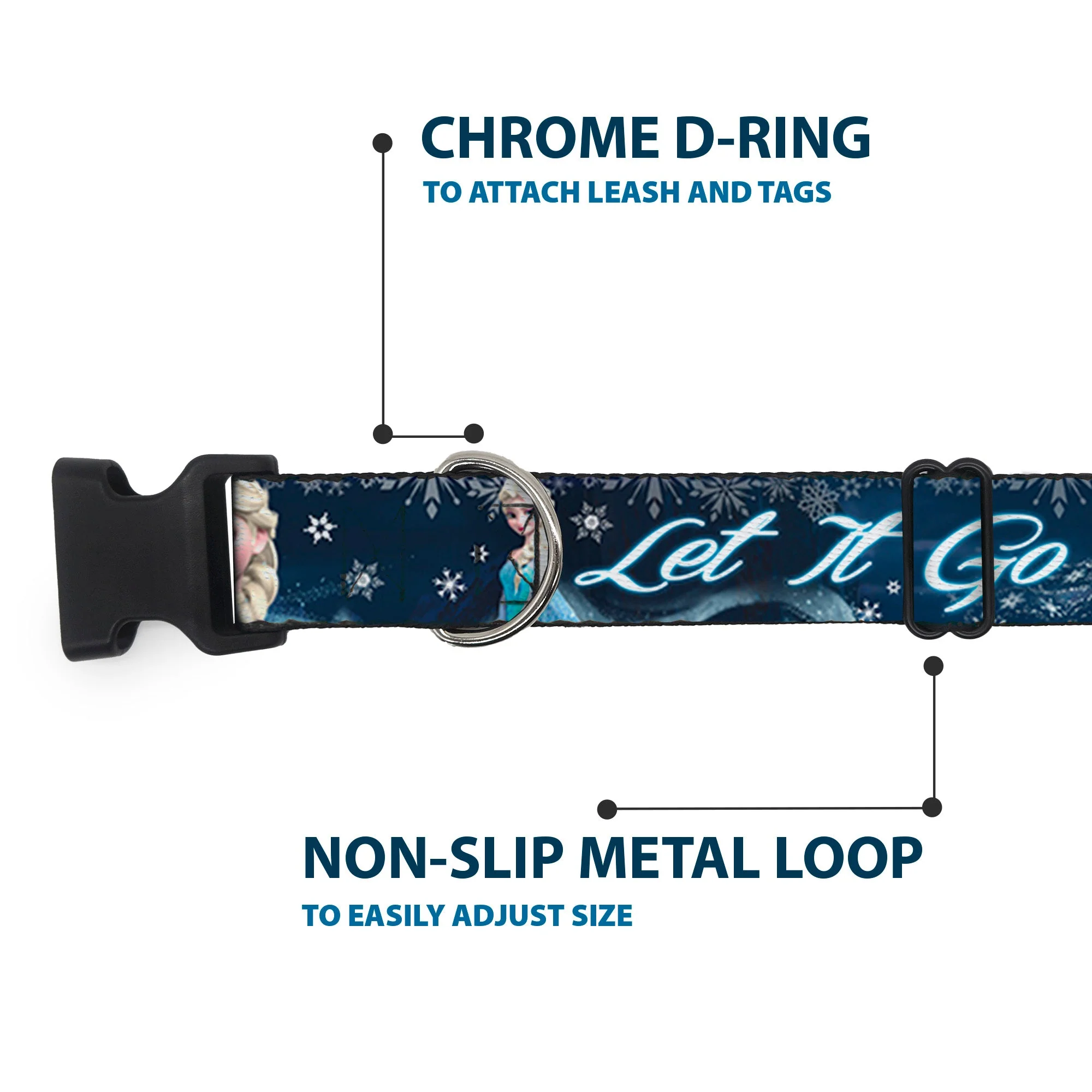 Plastic Clip Collar - Elsa the Snow Queen Poses/Snowflakes LET IT GO Blues/White - Image 5
