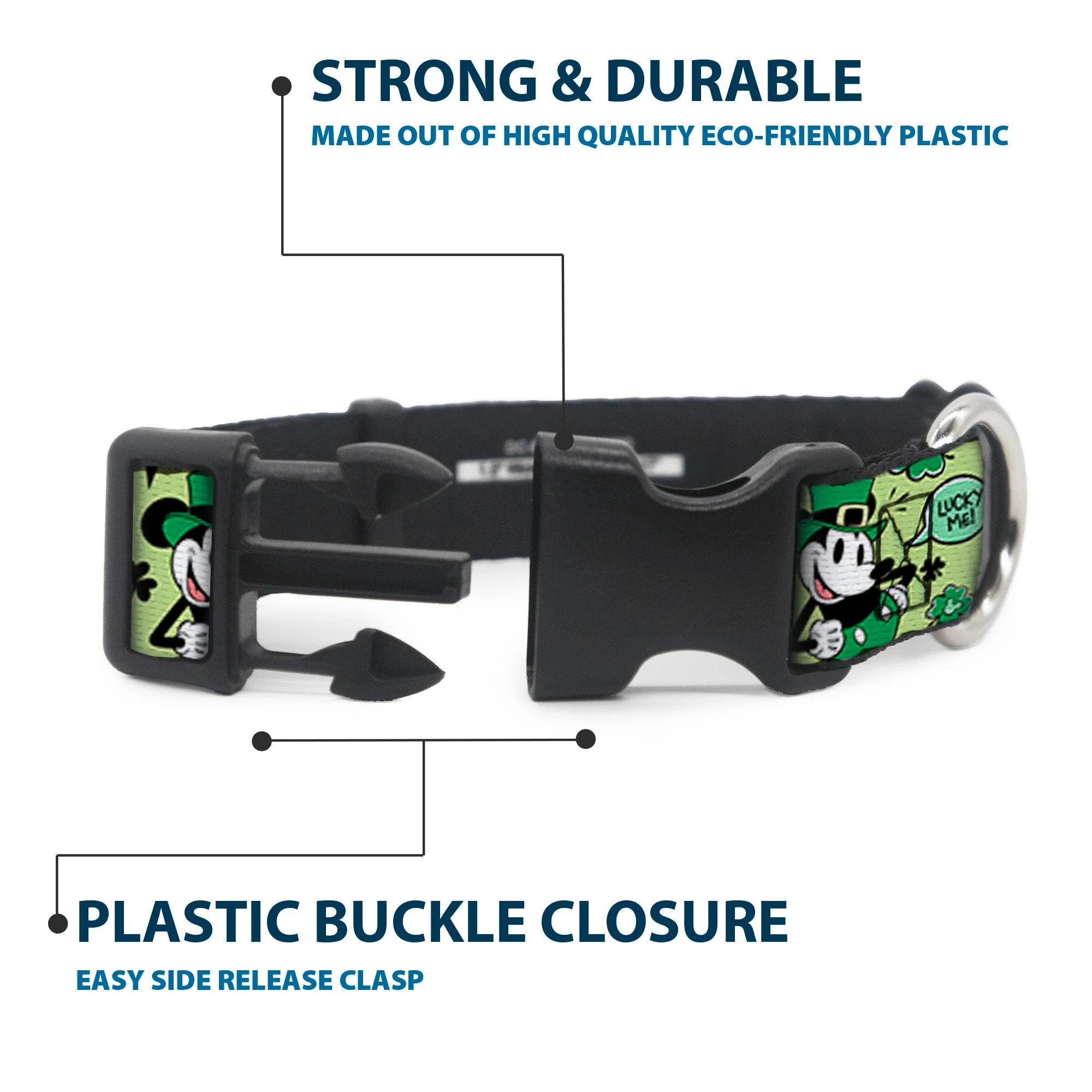 Plastic Clip Collar - Mickey Mouse St. Patricks Day LUCKY ME Leprechaun Pose and Shamrocks Greens - Image 4