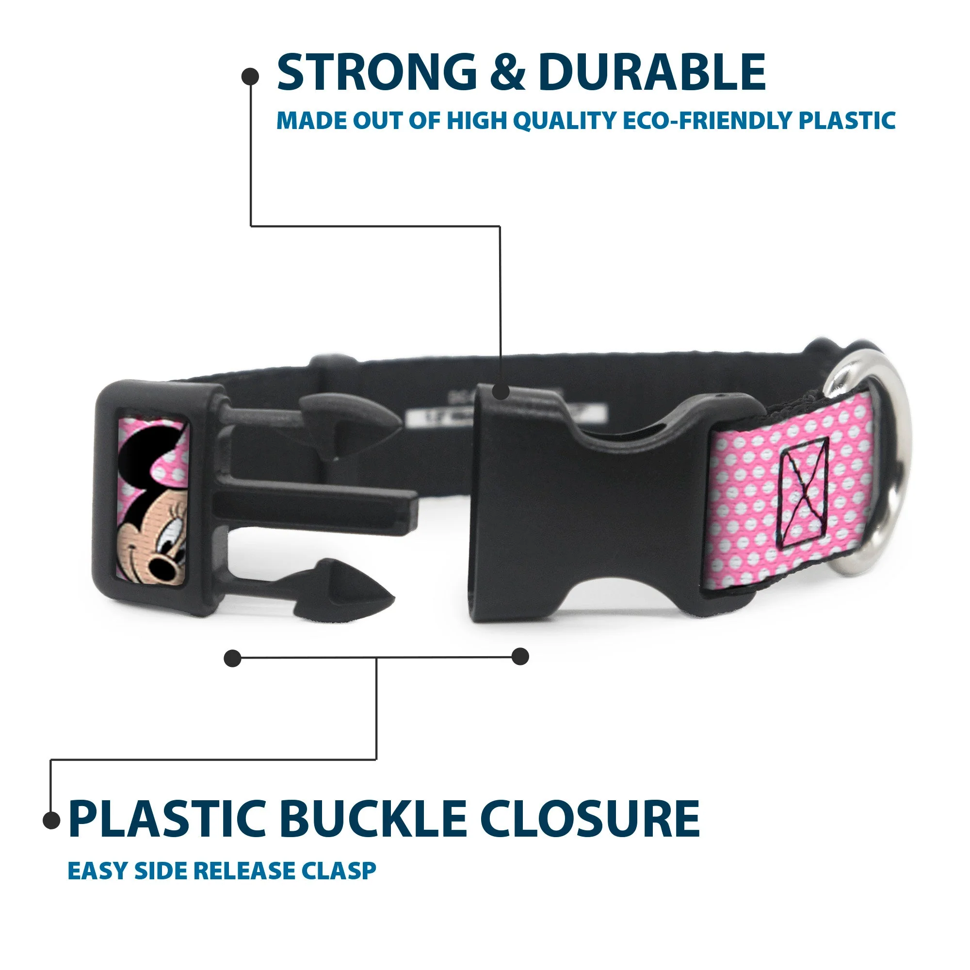 Plastic Clip Collar - Minnie Mouse Expressions Polka Dot Pink/White - Image 4