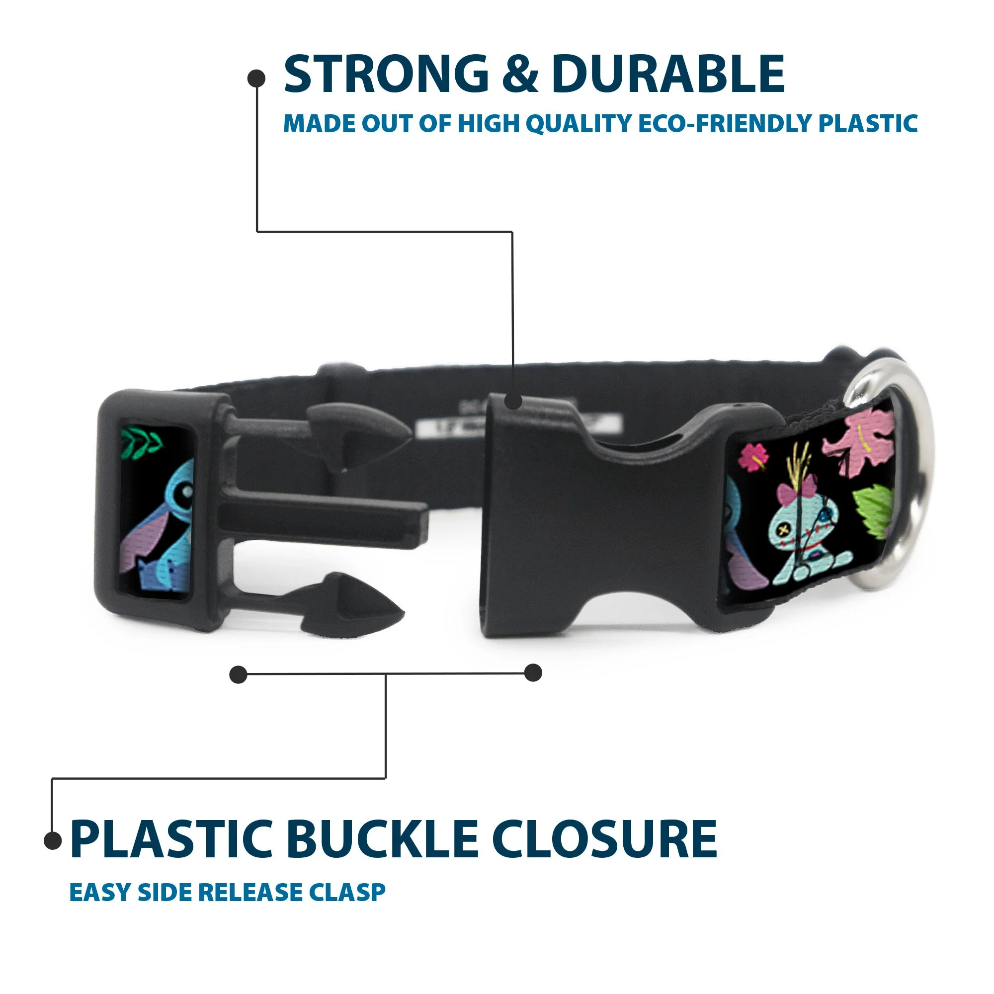 Plastic Clip Collar - OHANA MEANS FAMILY/Stitch & Scrump Poses/Tropical Flora Black/White/Multi Color - Image 4