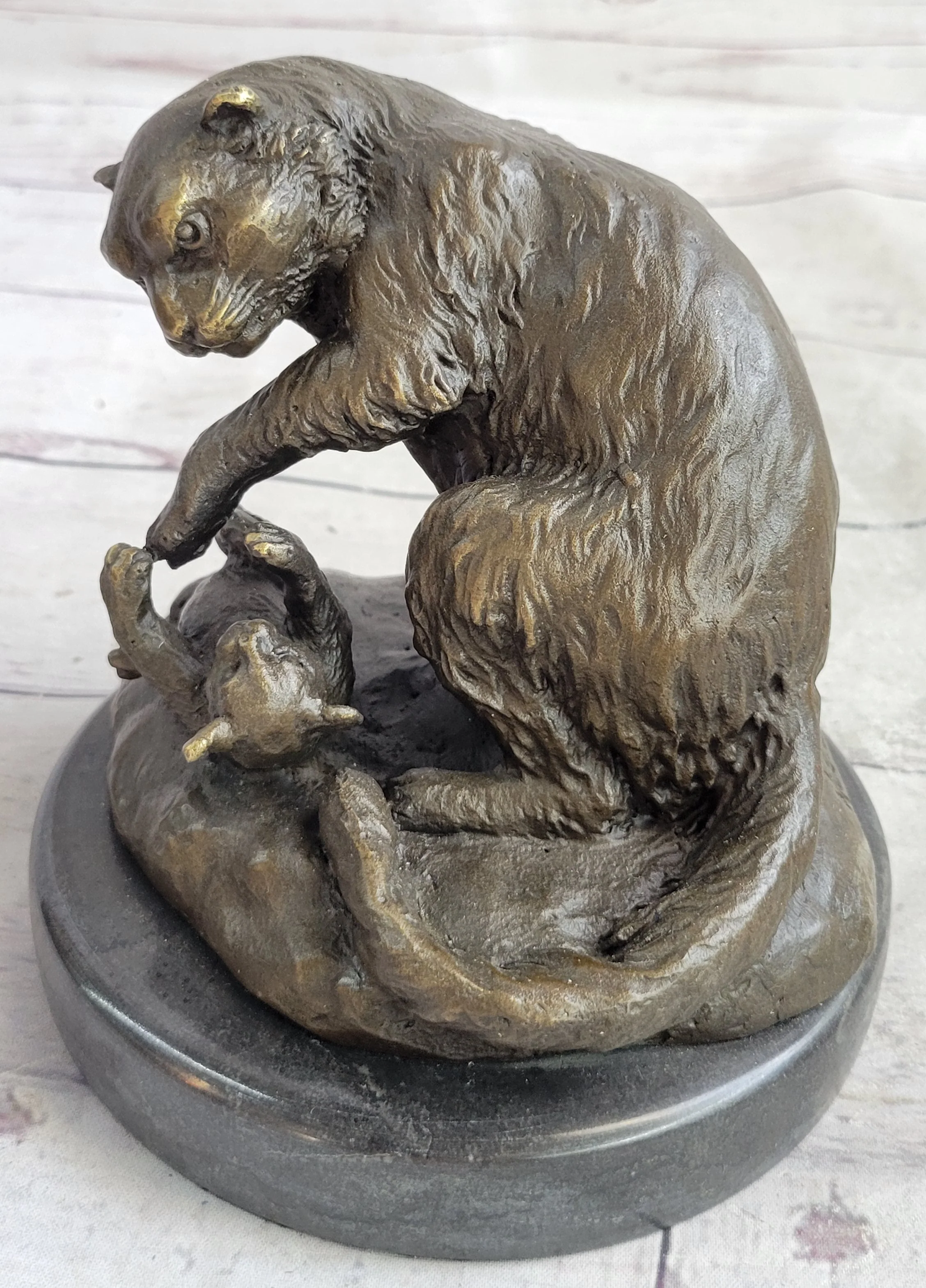 Playful Cat & Kitten - Signed Handmade Bronze Sculpture on Marble Base by Milo - Image 3