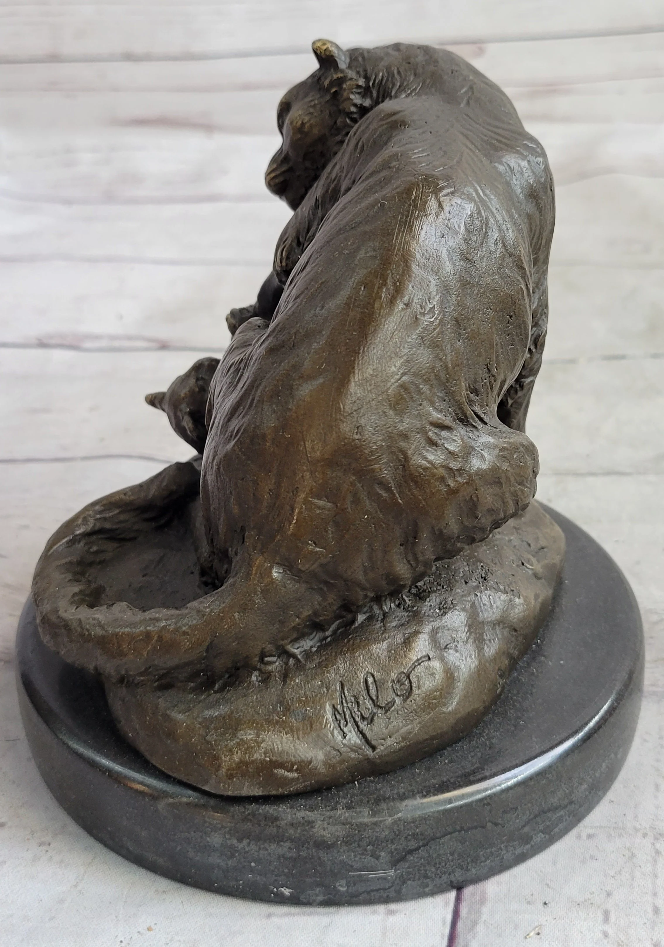 Playful Cat & Kitten - Signed Handmade Bronze Sculpture on Marble Base by Milo - Image 6