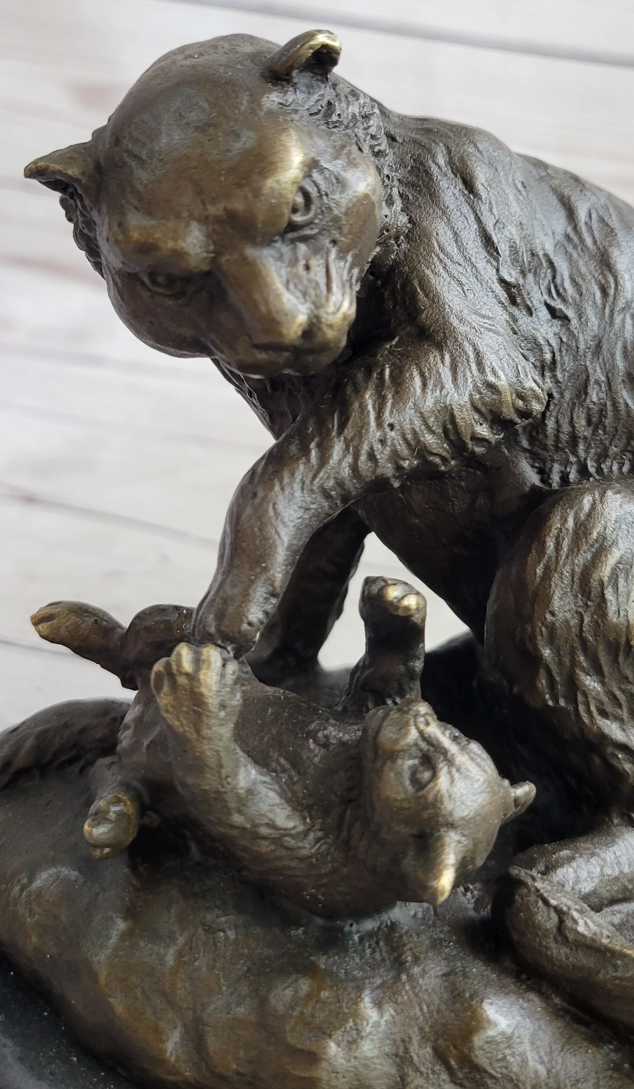 Playful Cat & Kitten - Signed Handmade Bronze Sculpture on Marble Base by Milo - Image 7