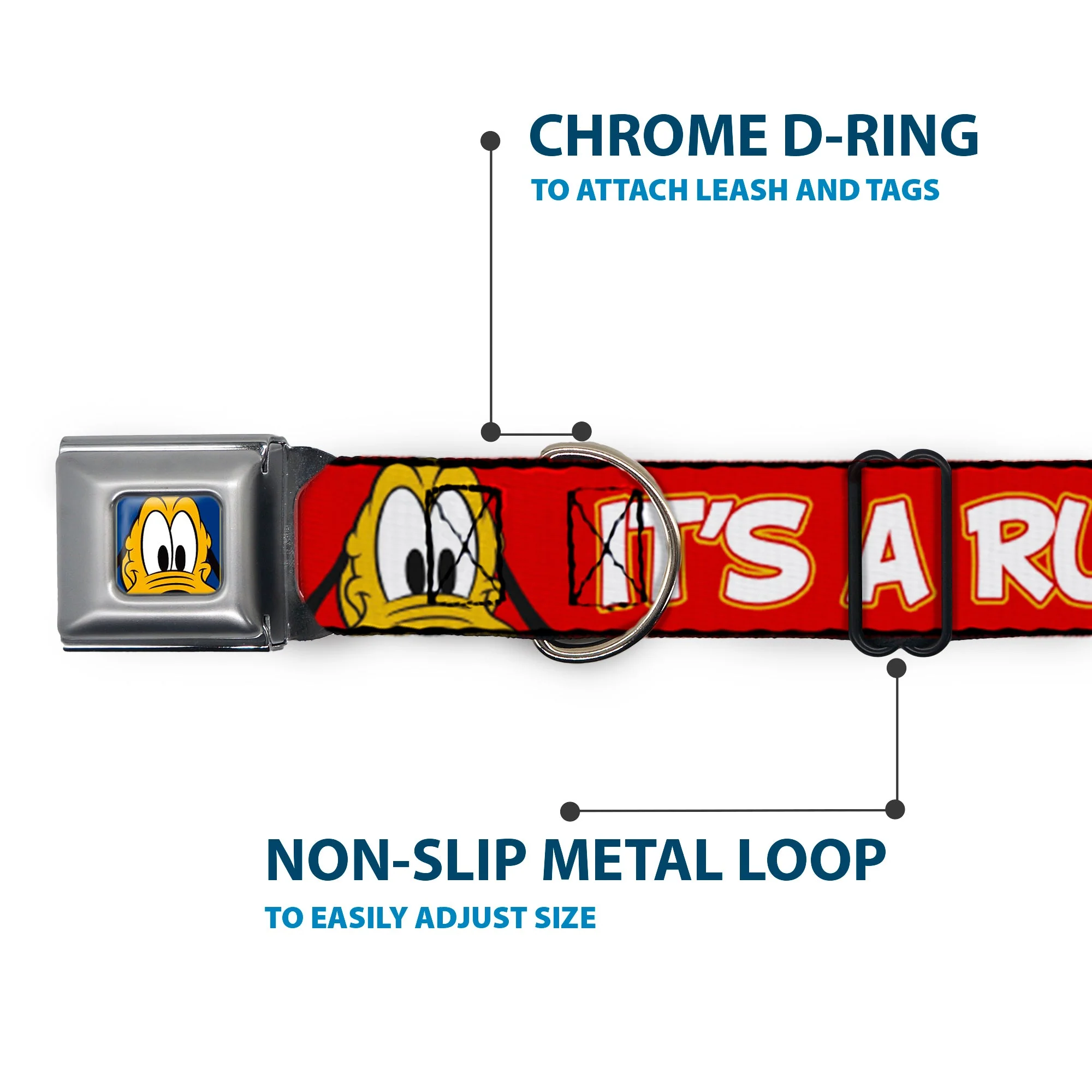 Pluto Face CLOSE-UP Full Color Blue Seatbelt Buckle Collar - Pluto 2-Pose ITS A RUFF LIFE Red/Yellow/White - Image 5