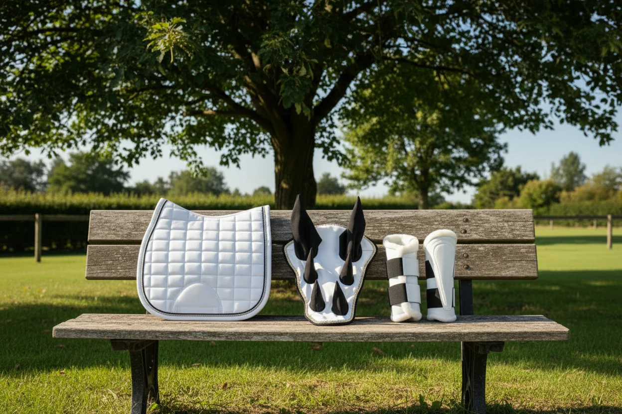 Premium Quality Cotton White Jumping Saddle Pad, Ear Bonnet & Horse Boot Set - Image 8