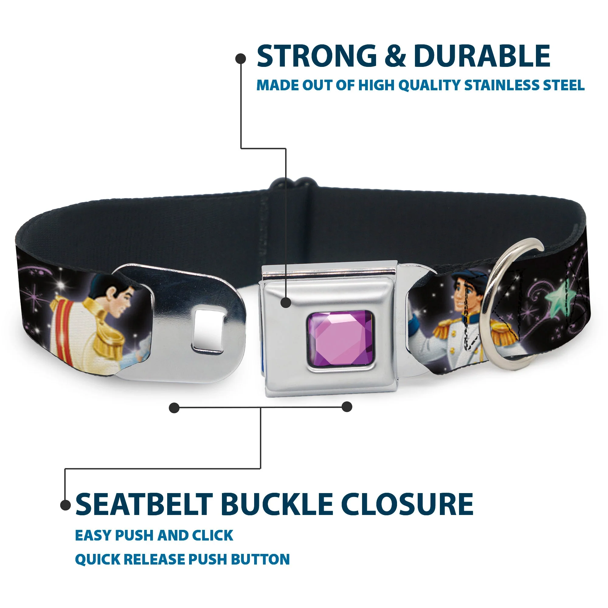 Princess Gem CLOSE-UP Full Color Purple Seatbelt Buckle Collar - Disney Princesses & Princes Dancing - Image 4