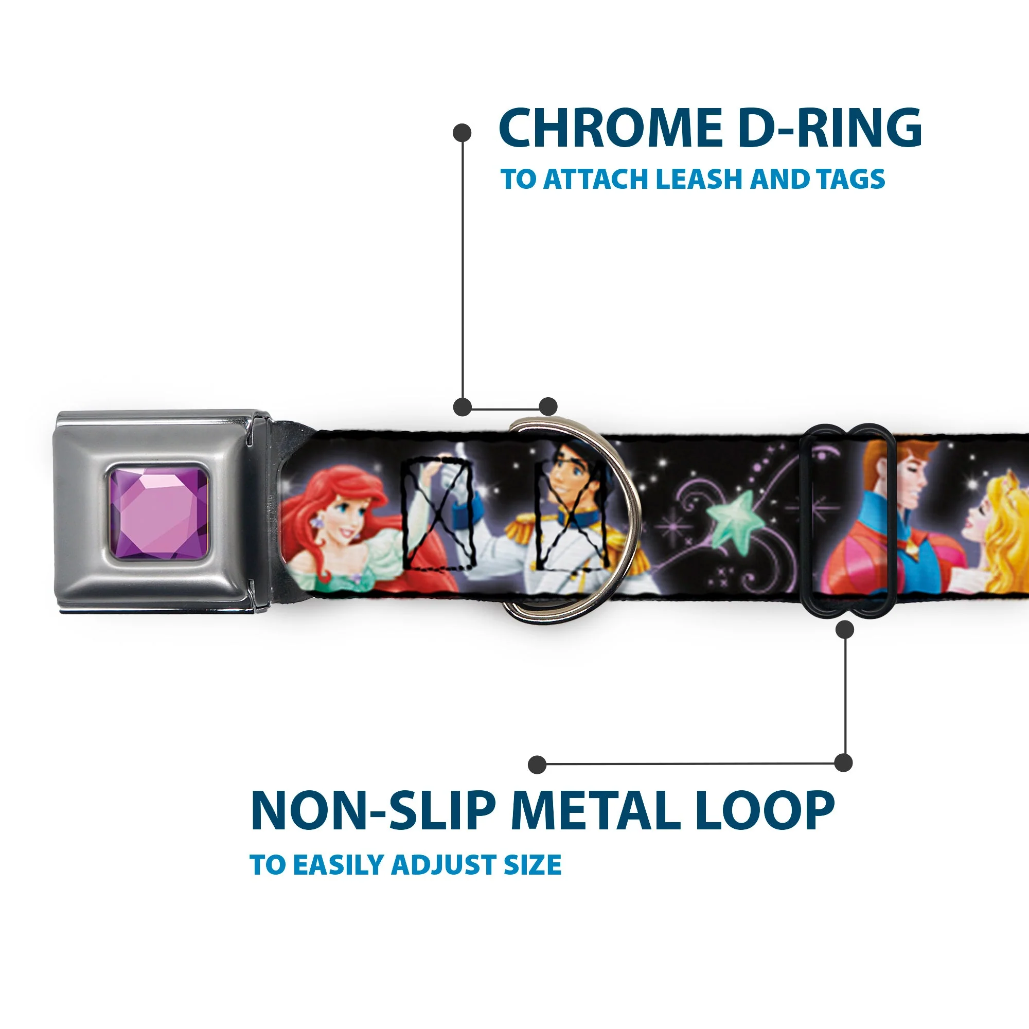 Princess Gem CLOSE-UP Full Color Purple Seatbelt Buckle Collar - Disney Princesses & Princes Dancing - Image 5