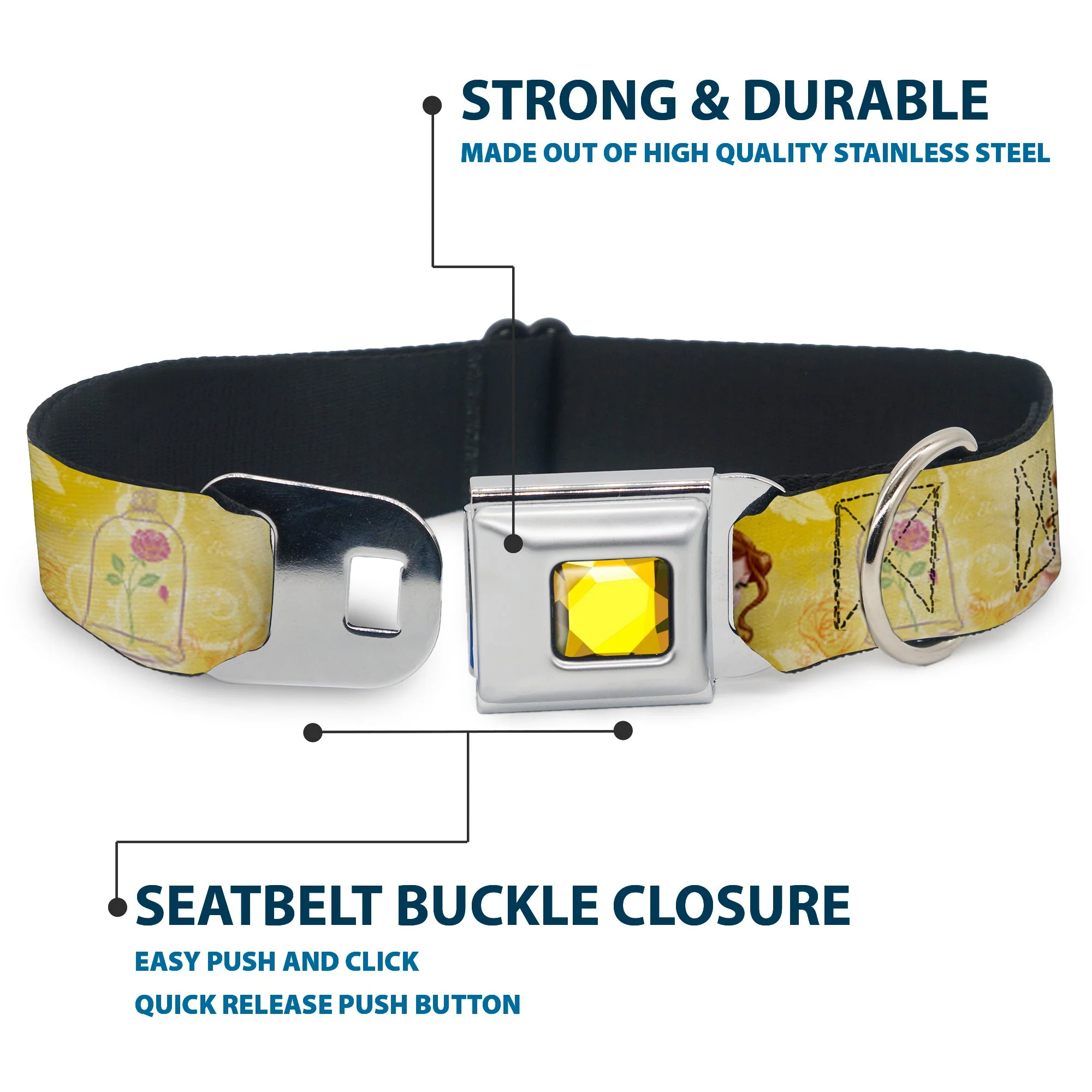 Princess Gem CLOSE-UP Full Color Yellow Seatbelt Buckle Collar - Belle Poses/Enchanted Rose/Story Script Yellow/Pinks - Image 4