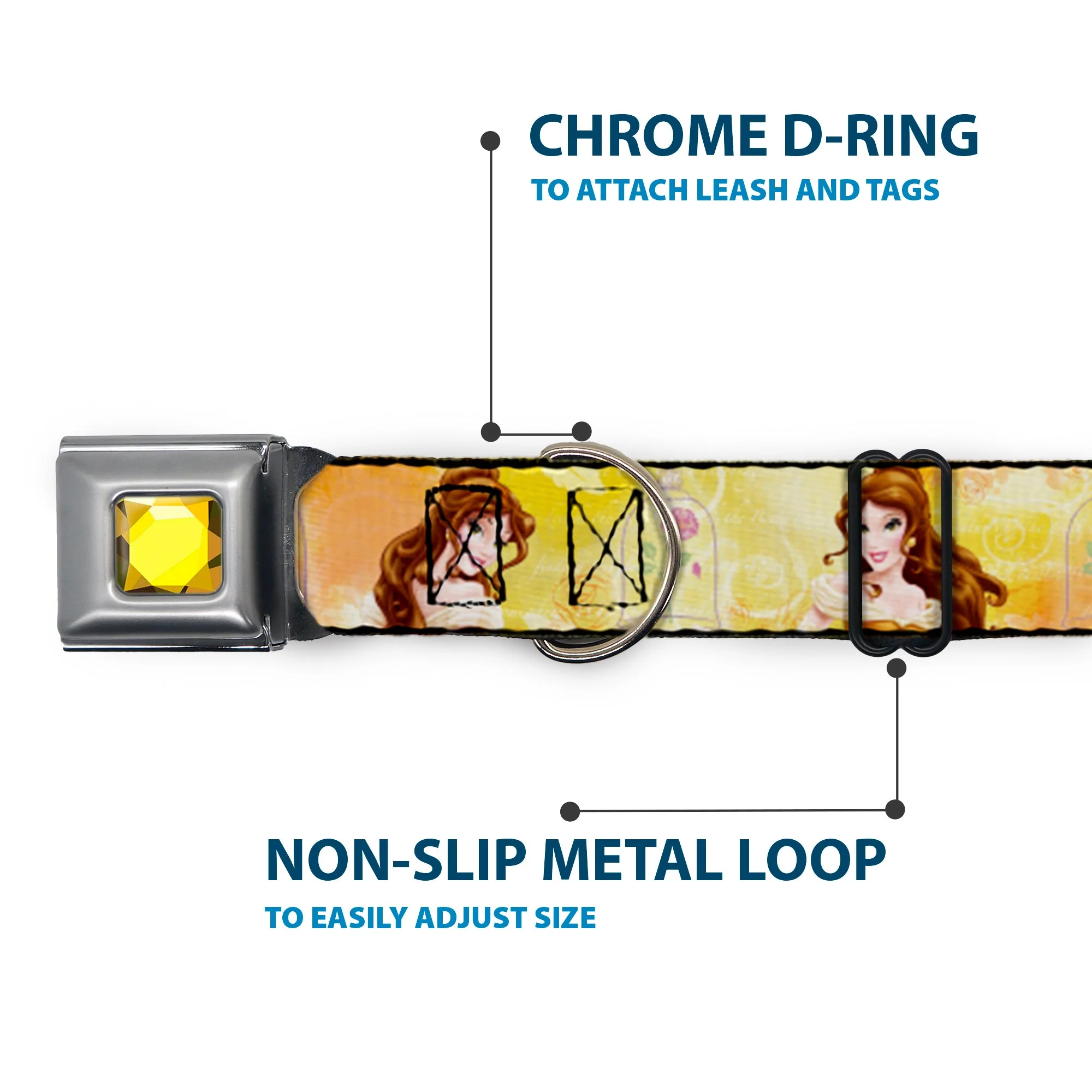 Princess Gem CLOSE-UP Full Color Yellow Seatbelt Buckle Collar - Belle Poses/Enchanted Rose/Story Script Yellow/Pinks - Image 5