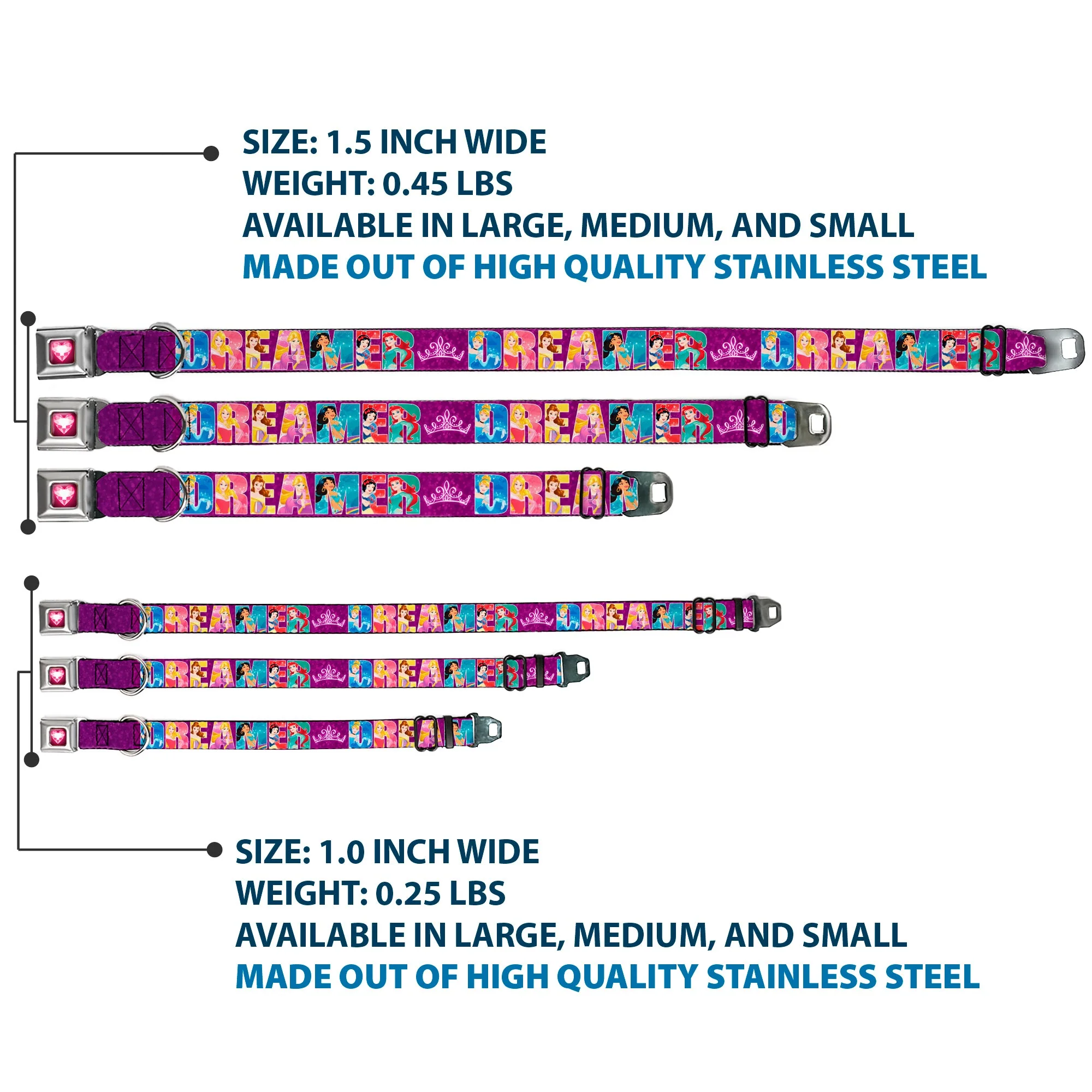 Princess Gem Heart Full Color Black/Pink Seatbelt Buckle Collar - Disney DREAMER 7-Sparkling Princesses/Tiara Purple/White - Image 3