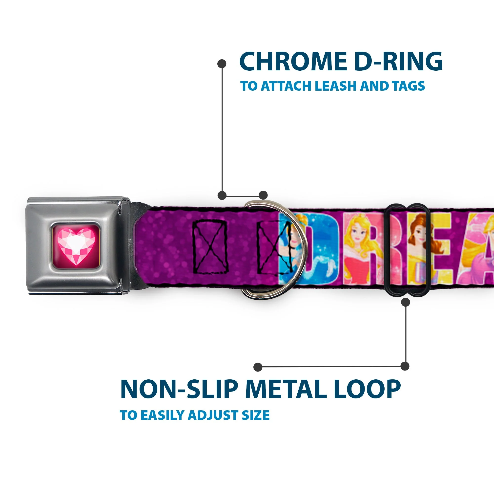 Princess Gem Heart Full Color Black/Pink Seatbelt Buckle Collar - Disney DREAMER 7-Sparkling Princesses/Tiara Purple/White - Image 5