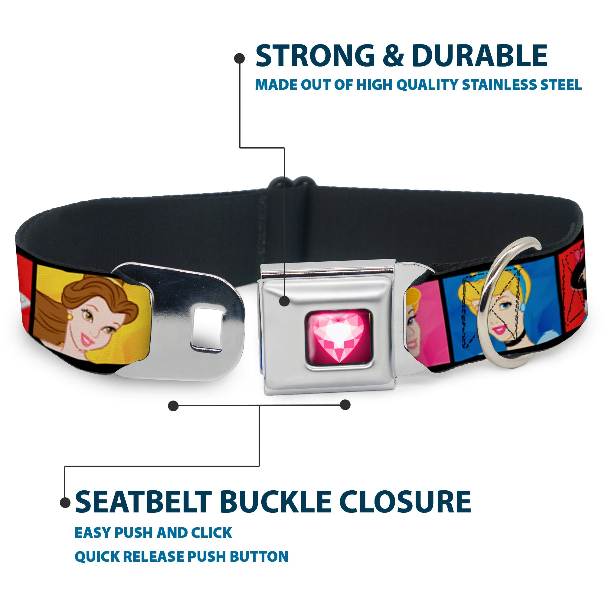 Princess Gem Heart Full Color Black Pink Seatbelt Buckle Collar - Disney Princess Blocks - Image 4