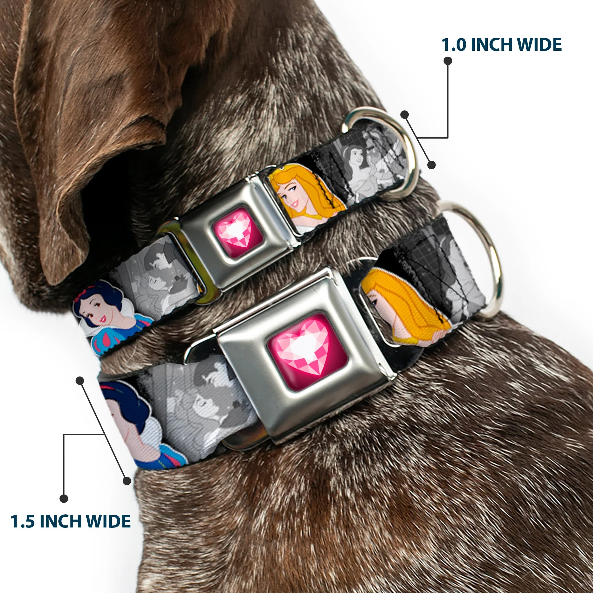 Princess Gem Heart Full Color Black/Pink Seatbelt Buckle Collar - Princess Pose/Princess & Prince Scene Grays/Multi Color - Image 2