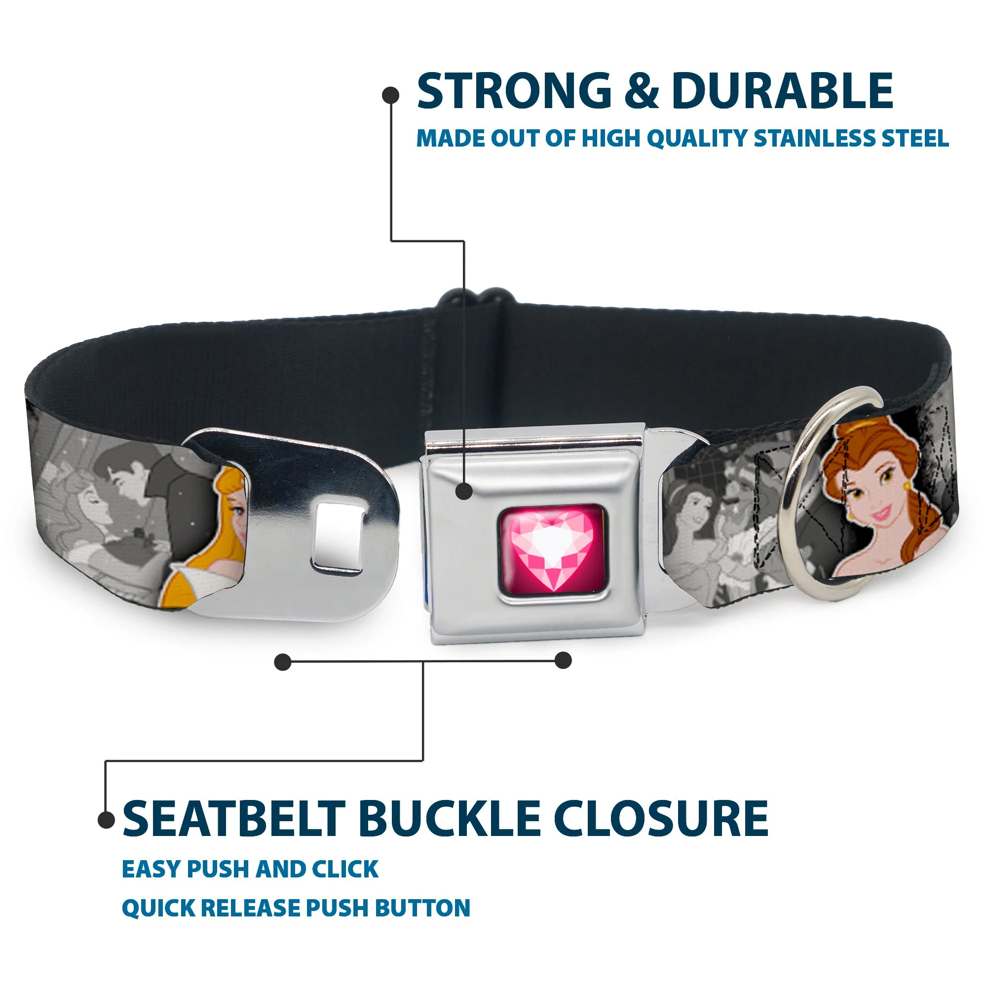 Princess Gem Heart Full Color Black/Pink Seatbelt Buckle Collar - Princess Pose/Princess & Prince Scene Grays/Multi Color - Image 4