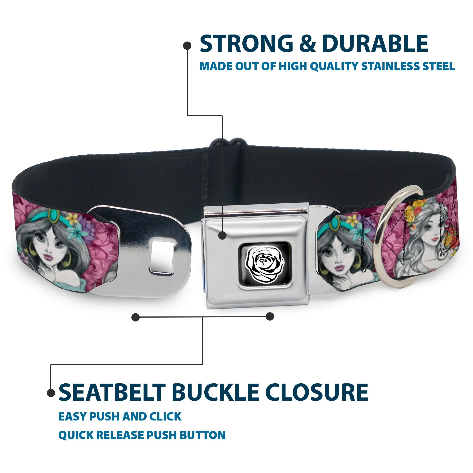 Princess Rose Full Color Grays/White/Black Seatbelt Buckle Collar - Princess Sketch Poses/Floral Collage Pinks/Grays - Image 4