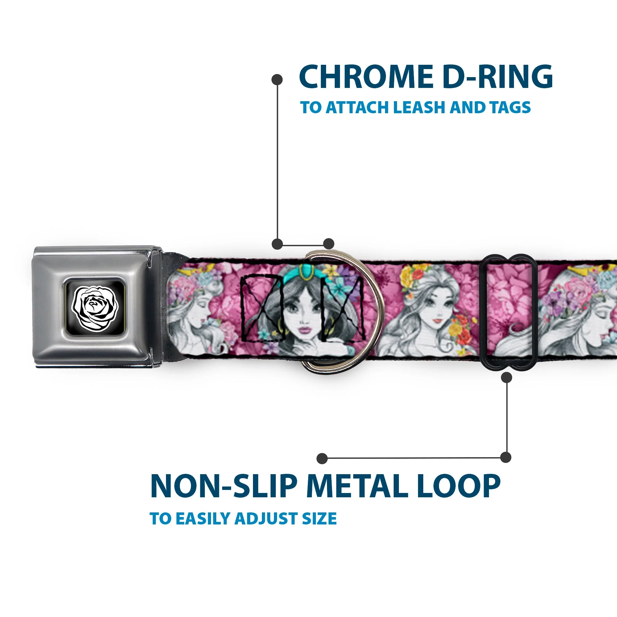 Princess Rose Full Color Grays/White/Black Seatbelt Buckle Collar - Princess Sketch Poses/Floral Collage Pinks/Grays - Image 5