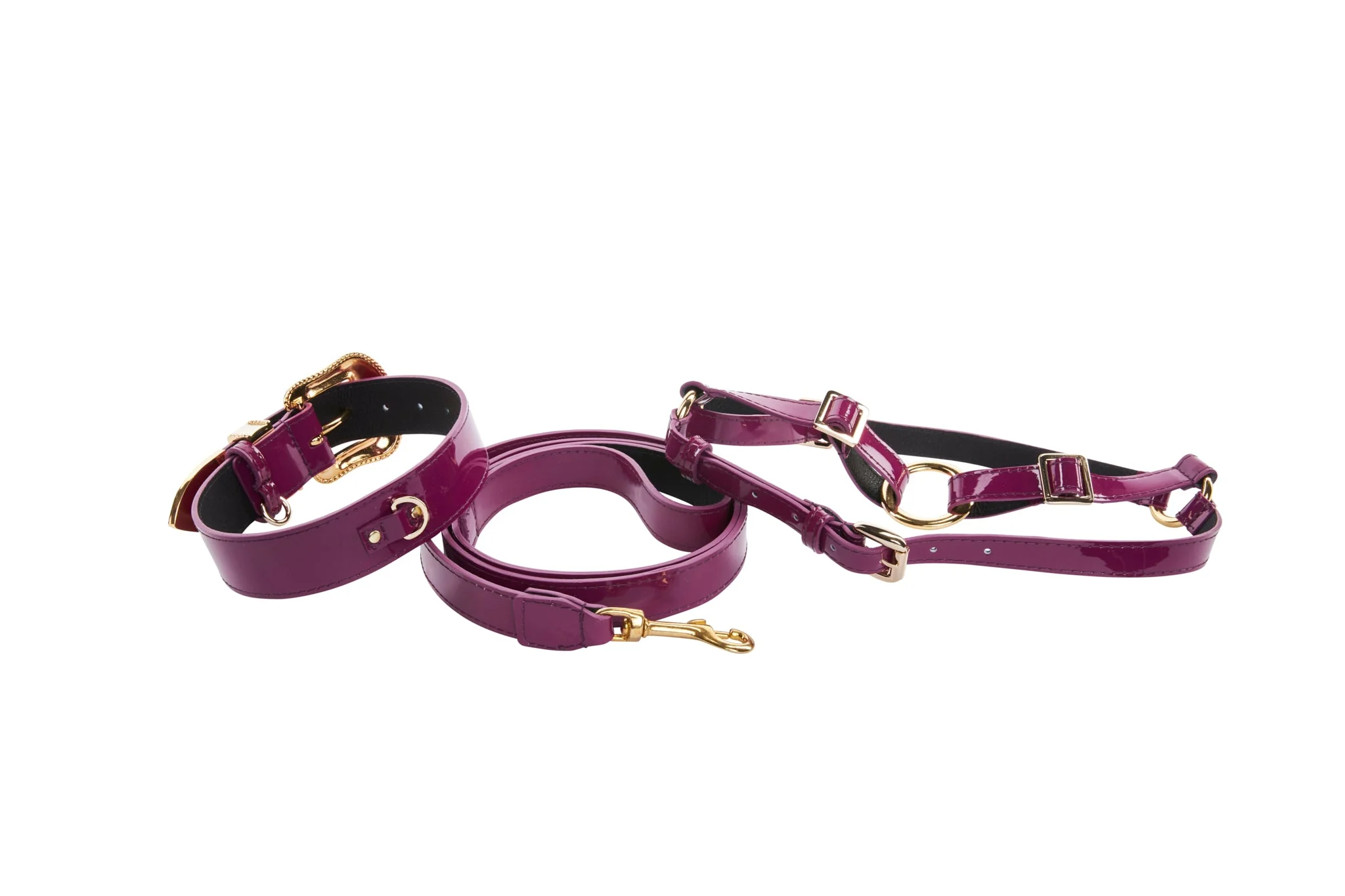 Purple Patent Italian Leather/Swarovski Crystal Hardware Collar, Leash & Harness Set - Image 2