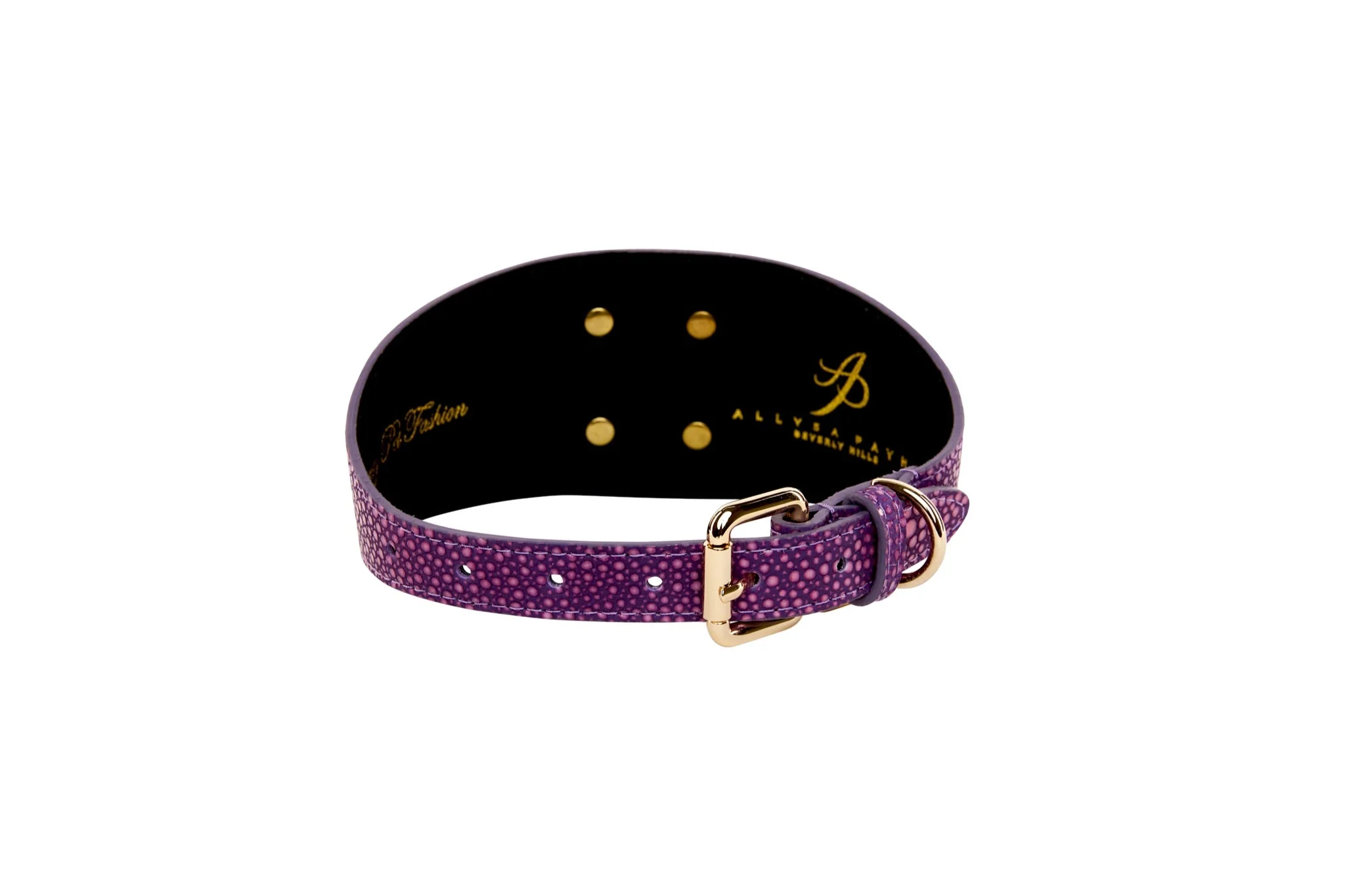 Purple & Pink Embossed Stingray Print Italian Leather 3” Wide Style Collar With Large Custom Gold Rivet - Image 2