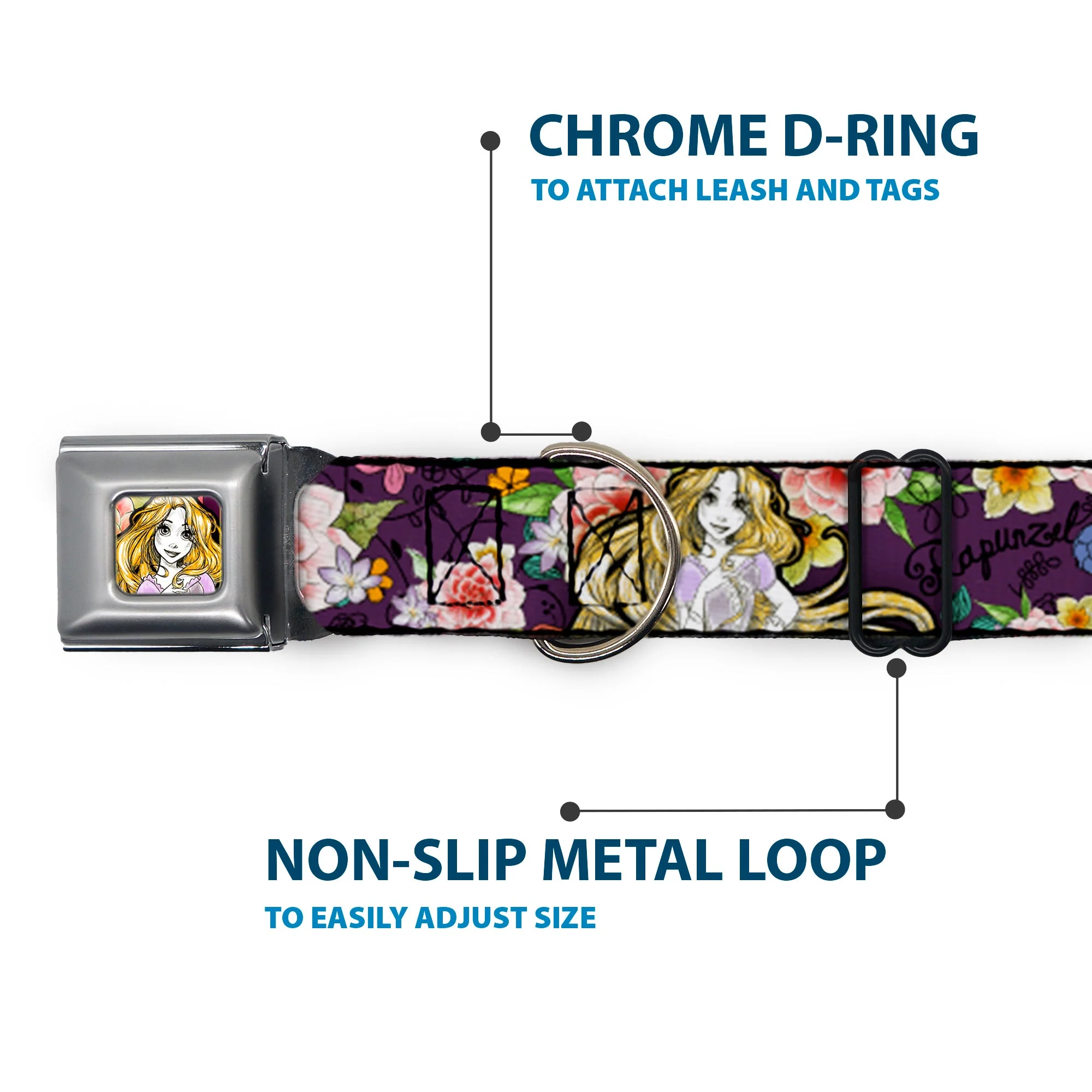 Rapunzel Sketch Full Color Seatbelt Buckle Collar - Rapunzel Poses/Floral Collage Sketch Purple - Image 5
