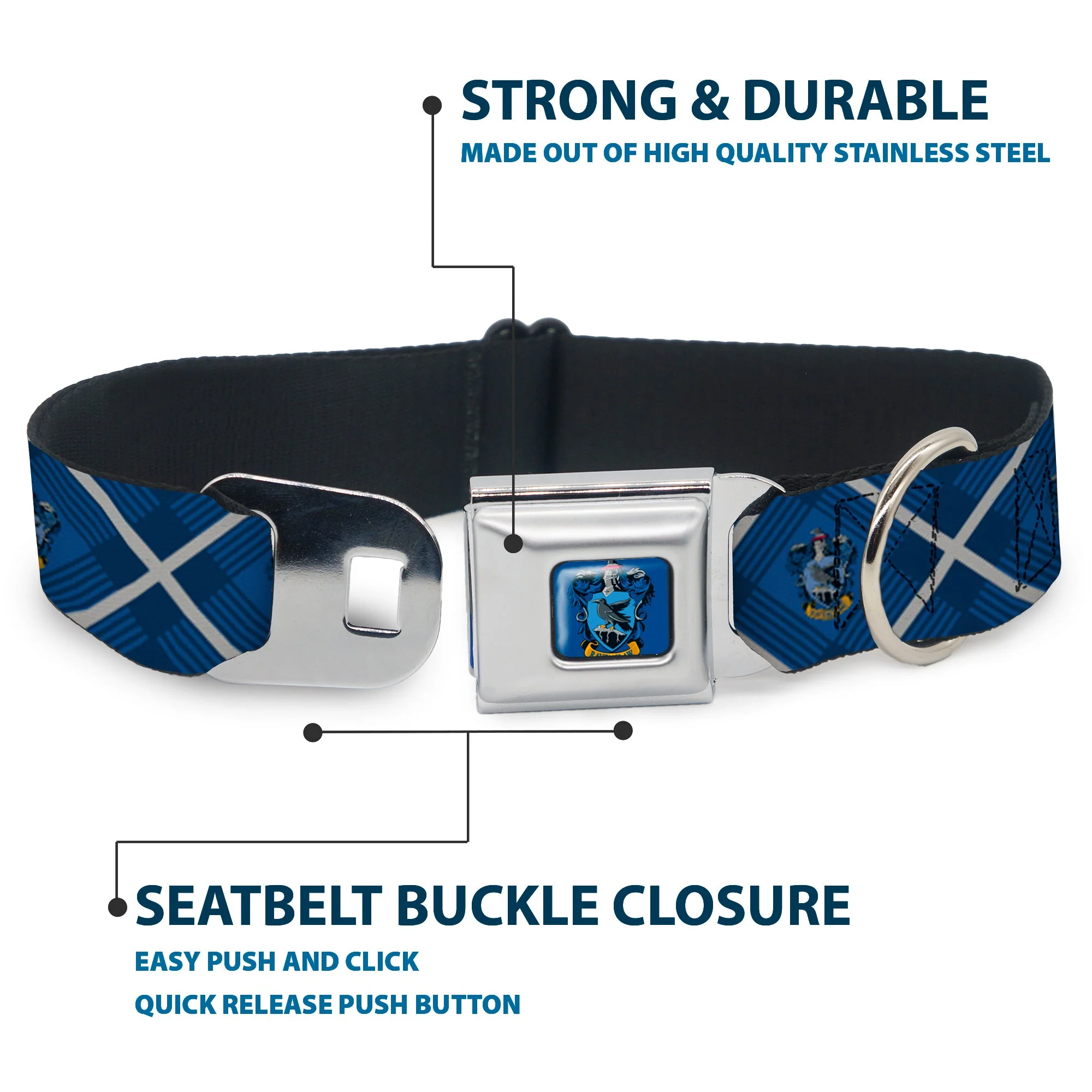 RAVENCLAW Crest Full Color Blue Seatbelt Buckle Collar - Harry Potter Ravenclaw Crest Plaid Blues/Gray - Image 4