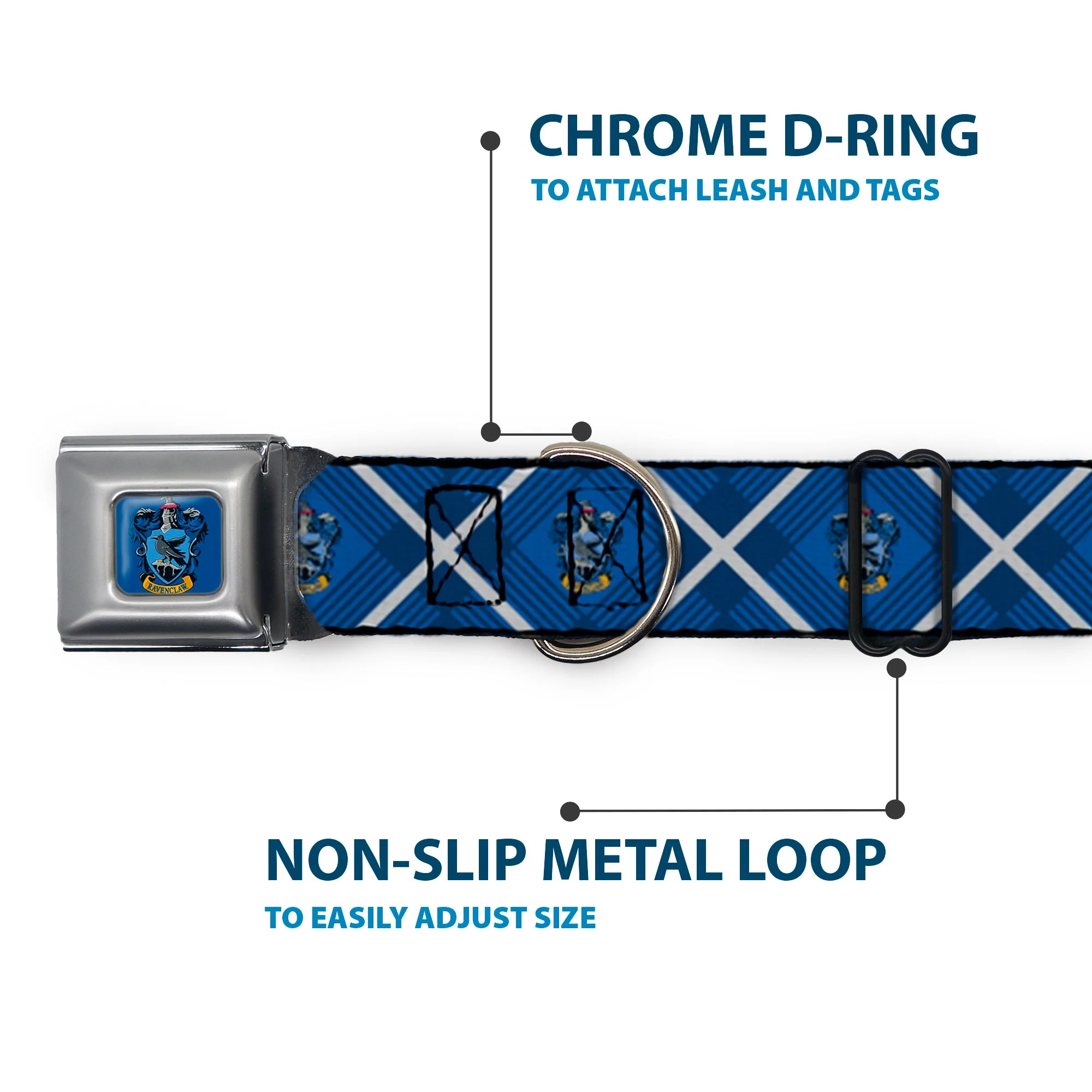 RAVENCLAW Crest Full Color Blue Seatbelt Buckle Collar - Harry Potter Ravenclaw Crest Plaid Blues/Gray - Image 5
