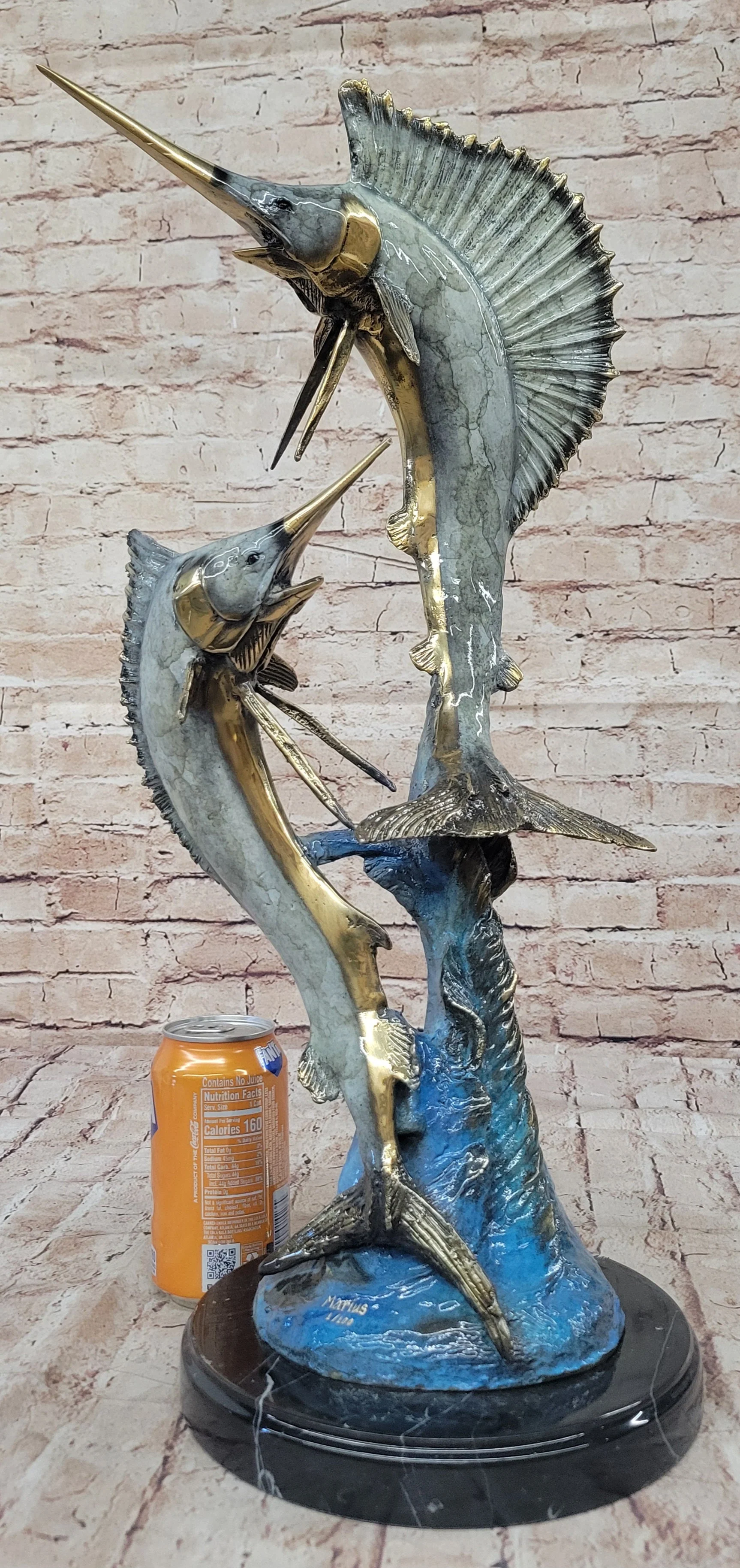 Real Bronze Metal Marlin Sailfish Swordfish Sculpture Statue Original Art on Marble Base - Image 2