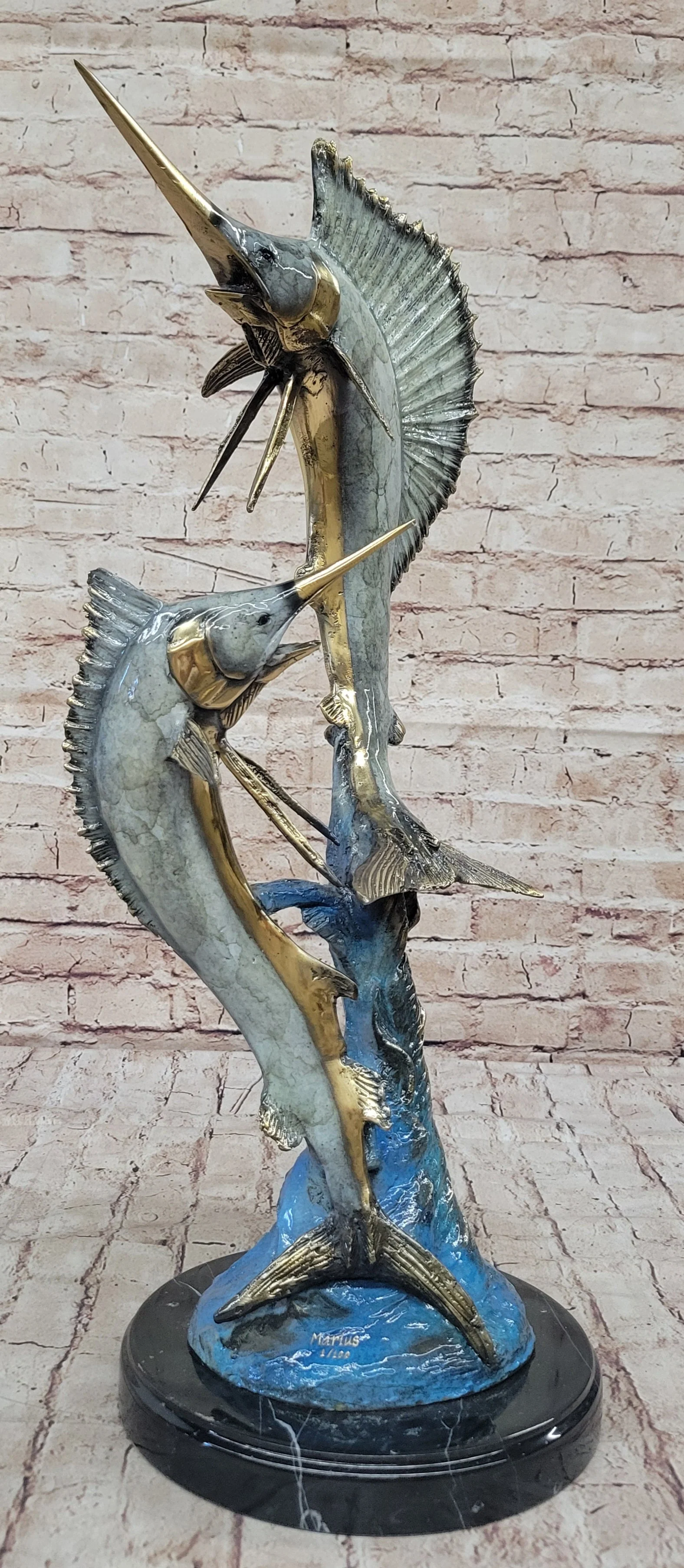 Real Bronze Metal Marlin Sailfish Swordfish Sculpture Statue Original Art on Marble Base - Image 3