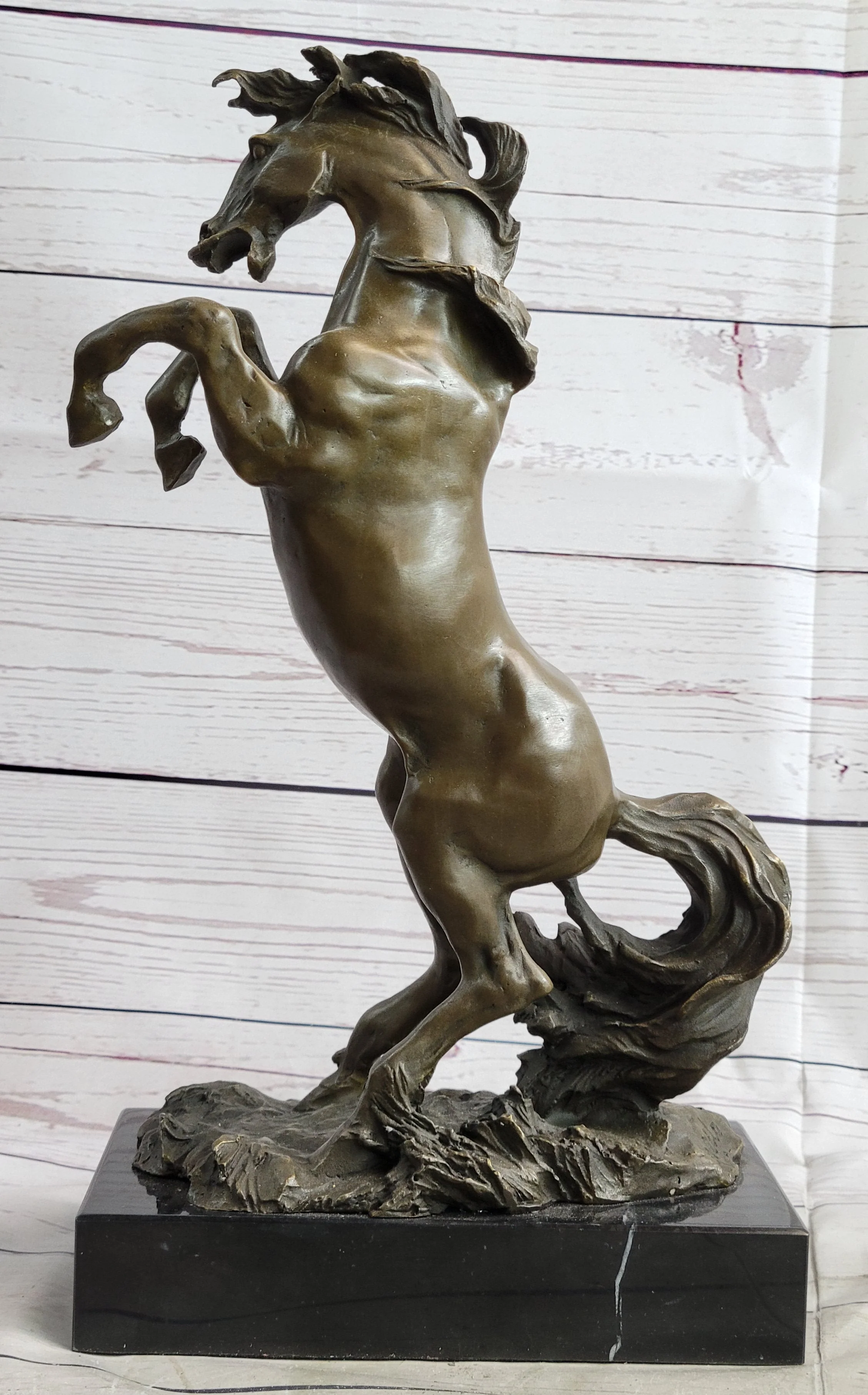 Rearing Horse Bronze Metal Statue Sculpture Figure on Marble Base - Image 4