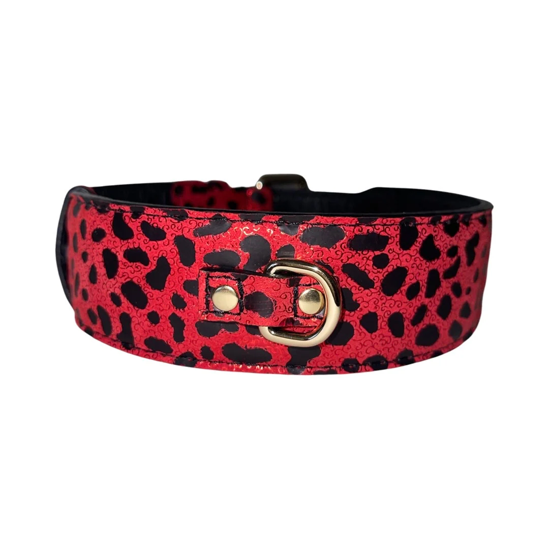 Red & Black Leopard Print Italian Leather Classic Collar - Image 2