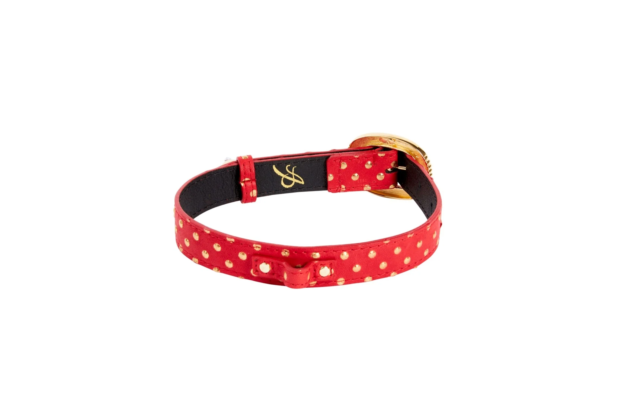 Red & Gold Polka Dot Italian Leather Collar With Italian/Swarovski Hardware & Heart Charm - Image 2