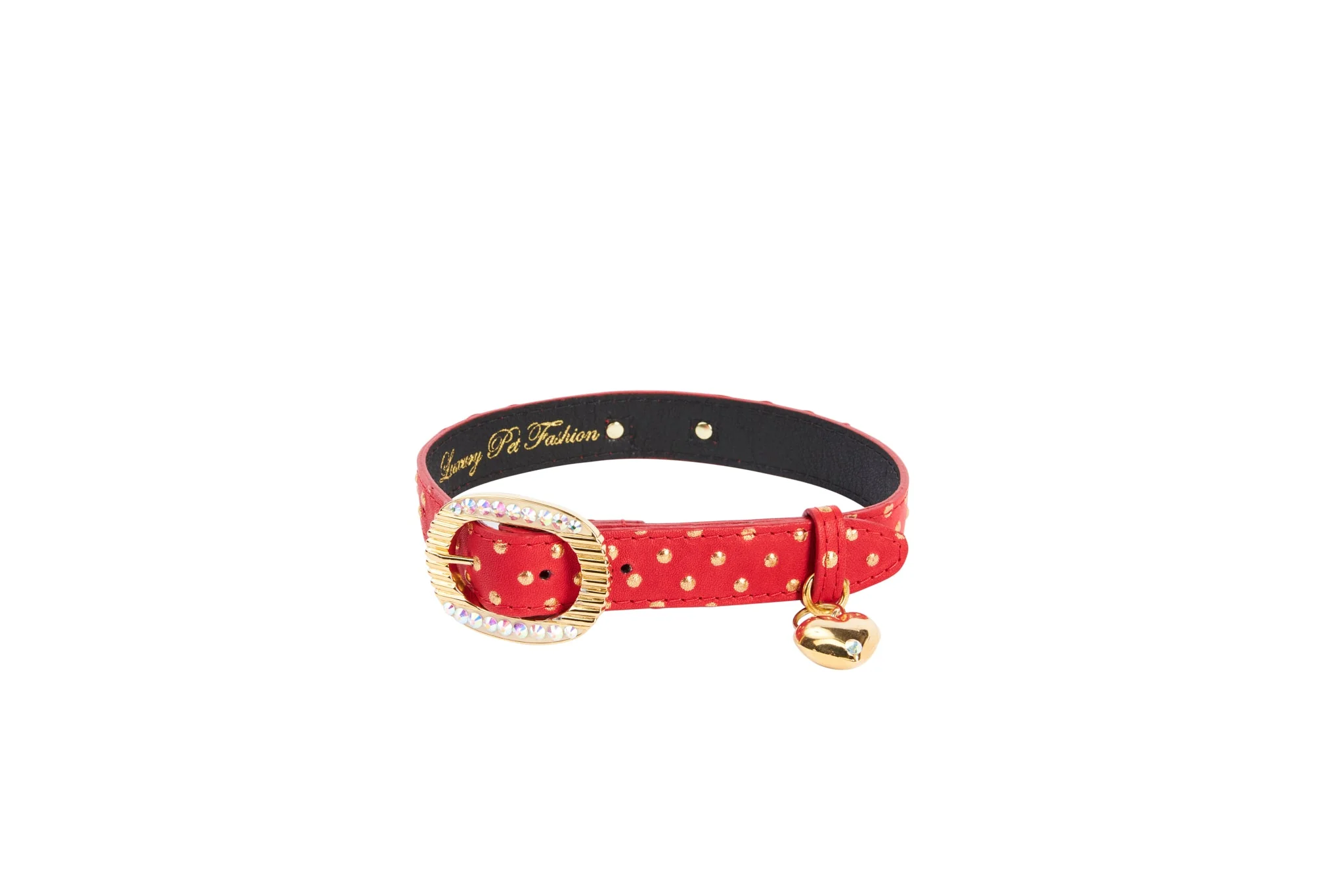 Red & Gold Polka Dot Italian Leather Collar With Italian/Swarovski Hardware & Heart Charm - Image 3