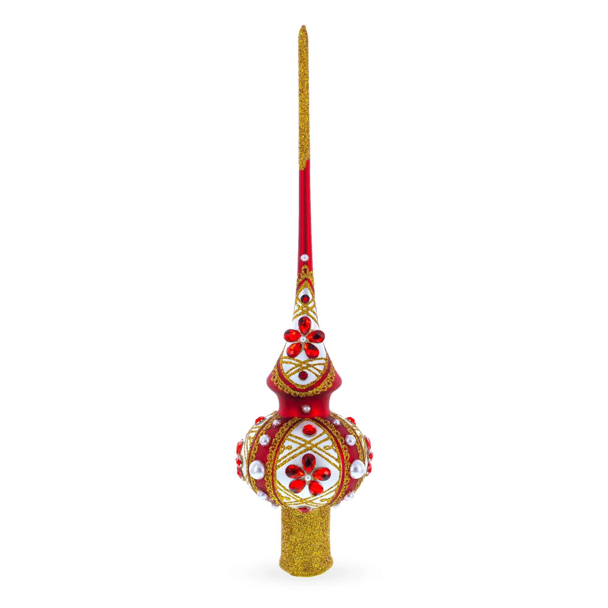 Red Jewels and White Pearls on Red Glass Christmas Tree Topper 11 Inches