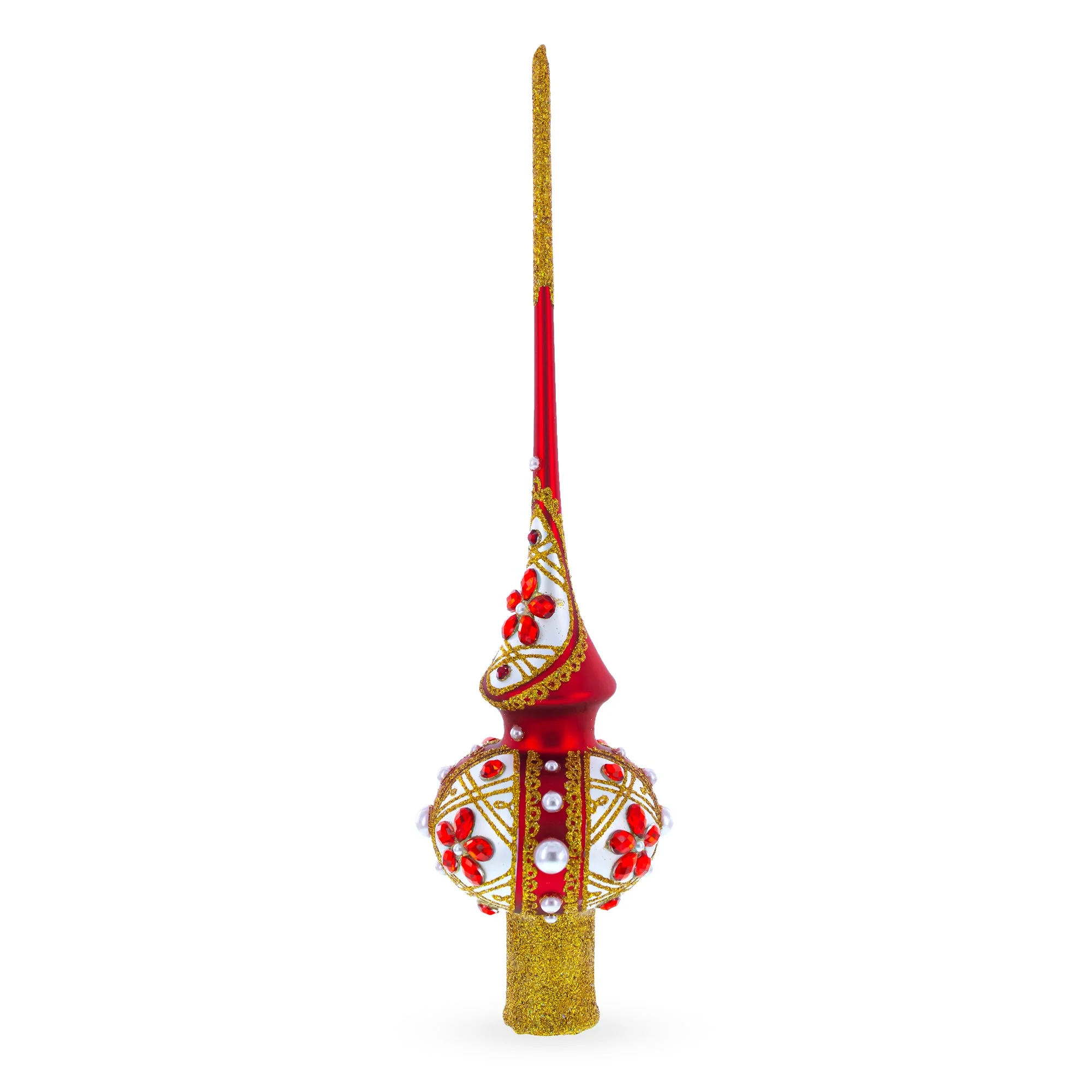 Red Jewels and White Pearls on Red Glass Christmas Tree Topper 11 Inches - Image 2