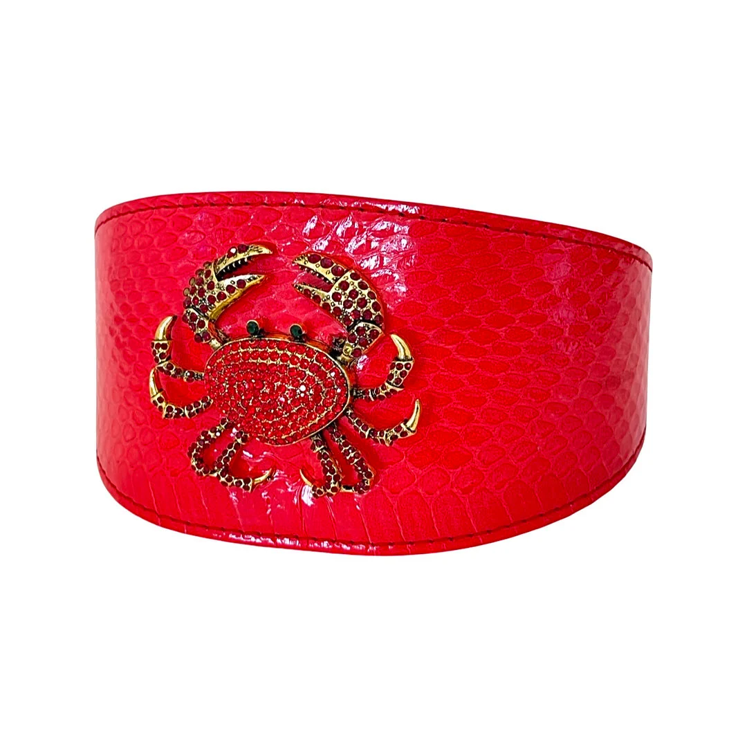 Red Orange Snake Wide Style Collar With Rhinestone Crab Accessory - Image 3