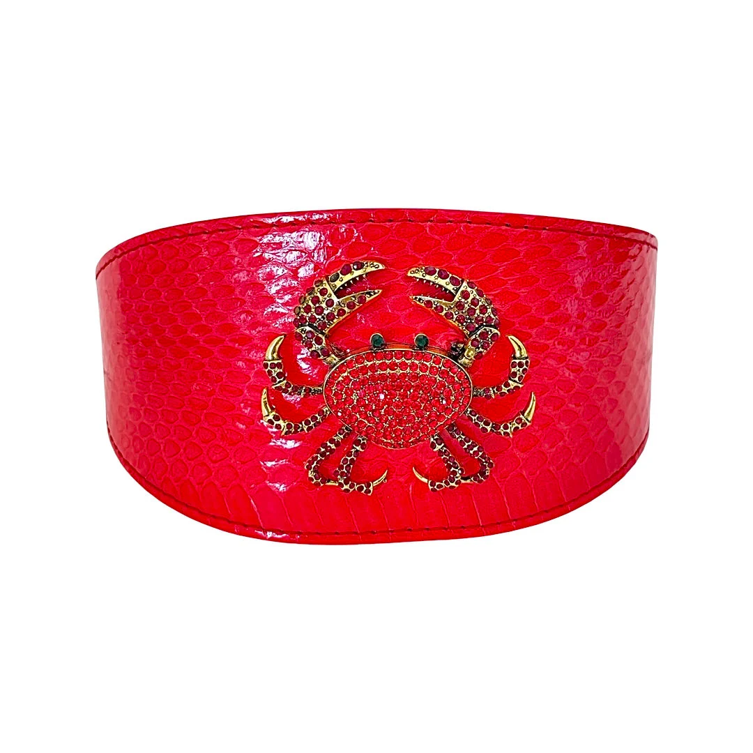 Red Orange Snake Wide Style Collar With Rhinestone Crab Accessory - Image 4