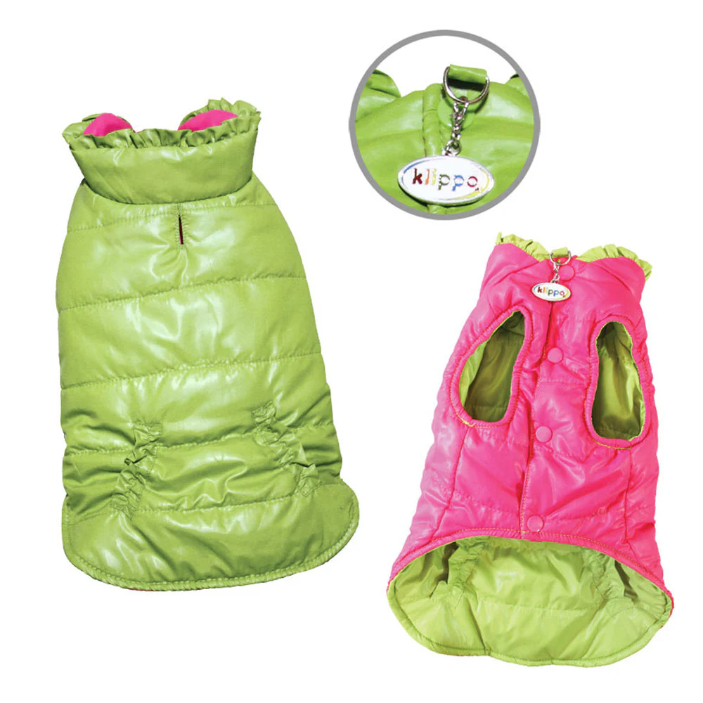 Reversible Puffer Vest with Ruffle Trims - Lime/Pink - Image 2