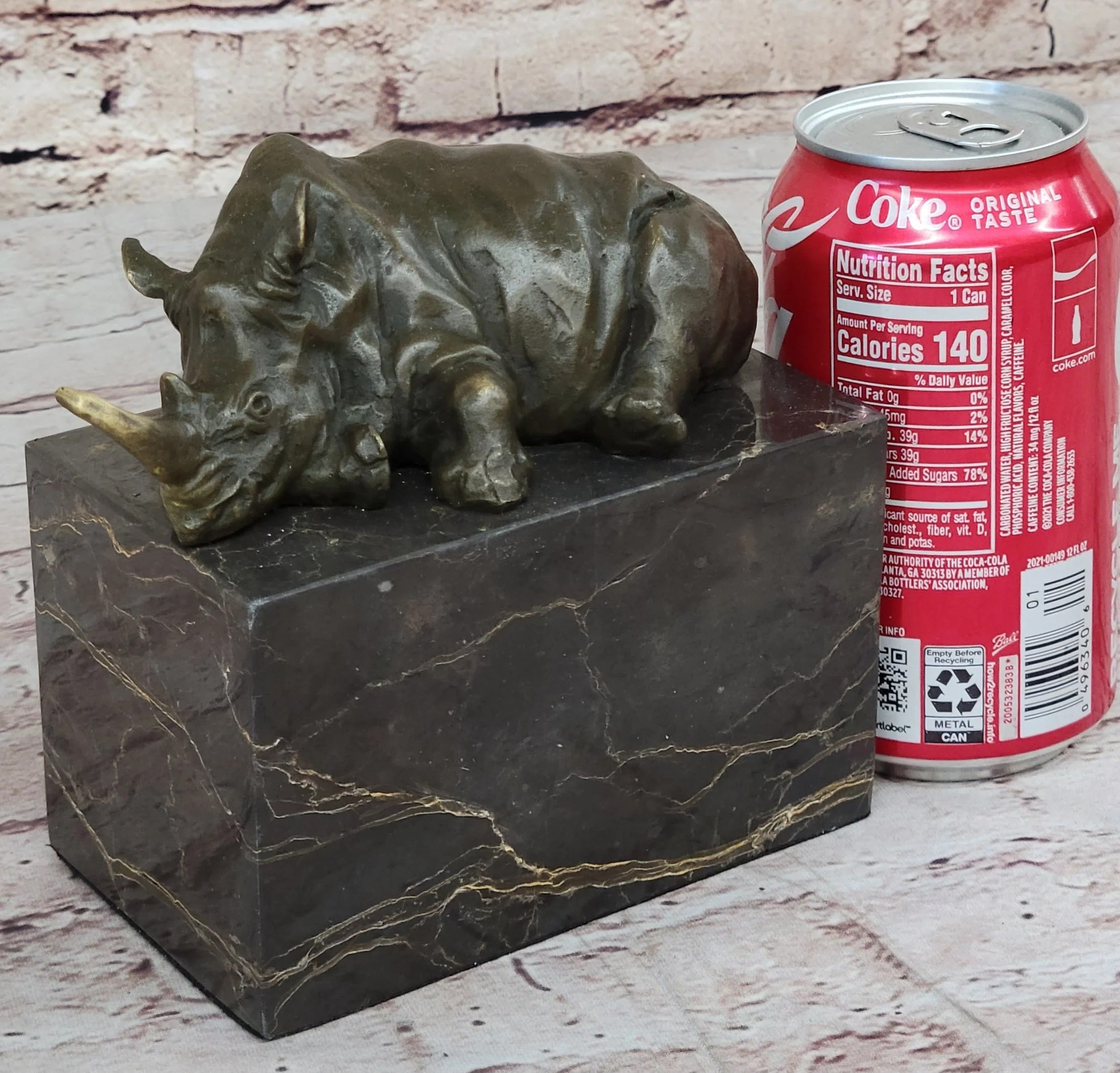 Rhinoceros Rhino Bookend Bronze Sculpture Figurine Lost Wax Casting on Marble Base - Image 2