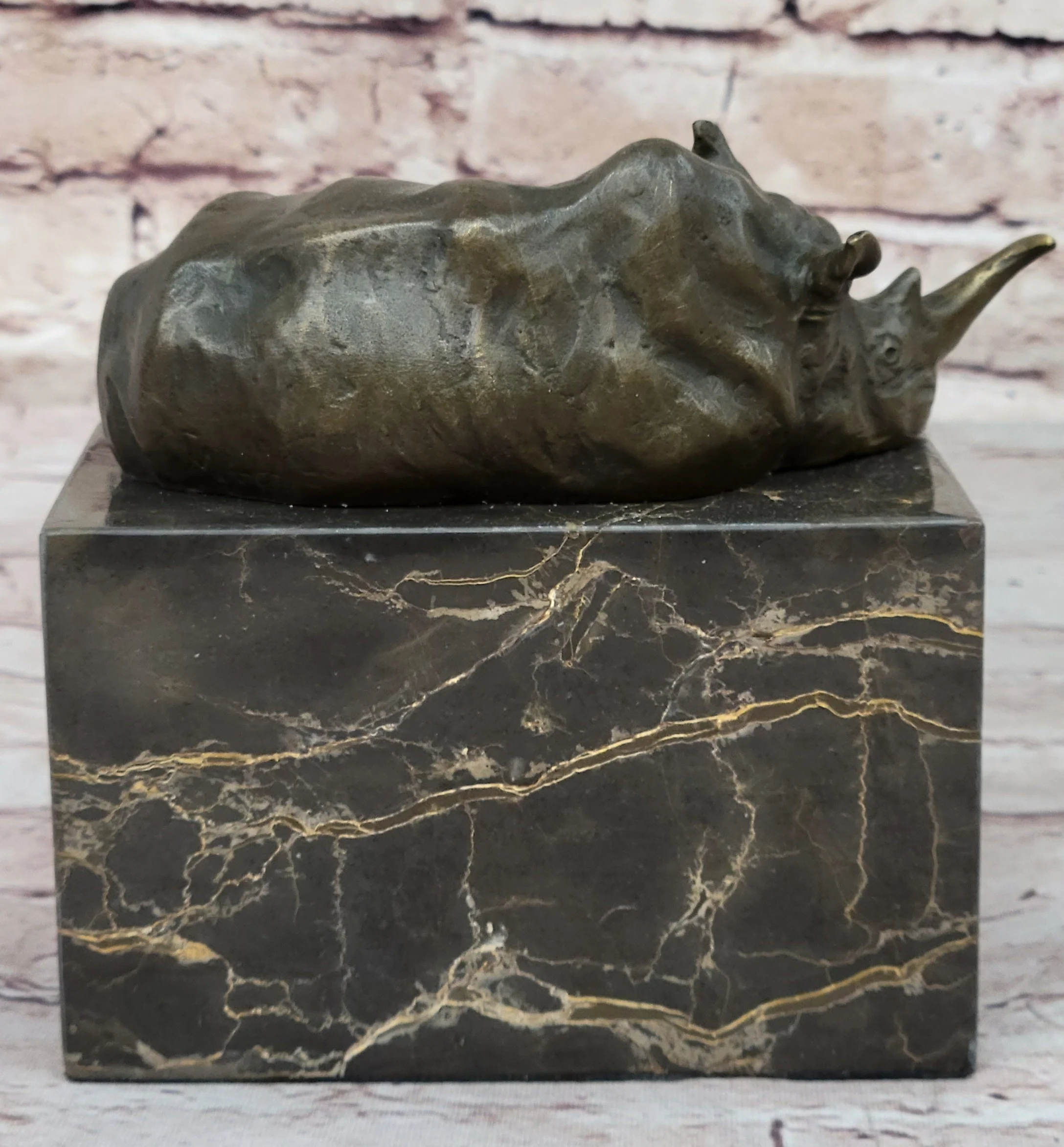 Rhinoceros Rhino Bookend Bronze Sculpture Figurine Lost Wax Casting on Marble Base - Image 5