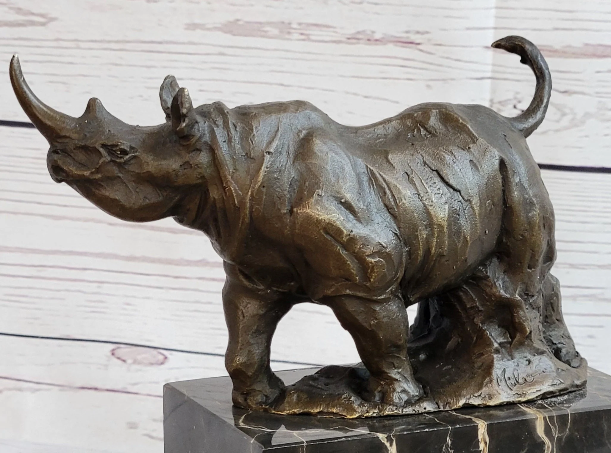 Rhinoceros Rhino Bronze Metal Sculpture Statue Bookend Figure Marble Base - Image 8
