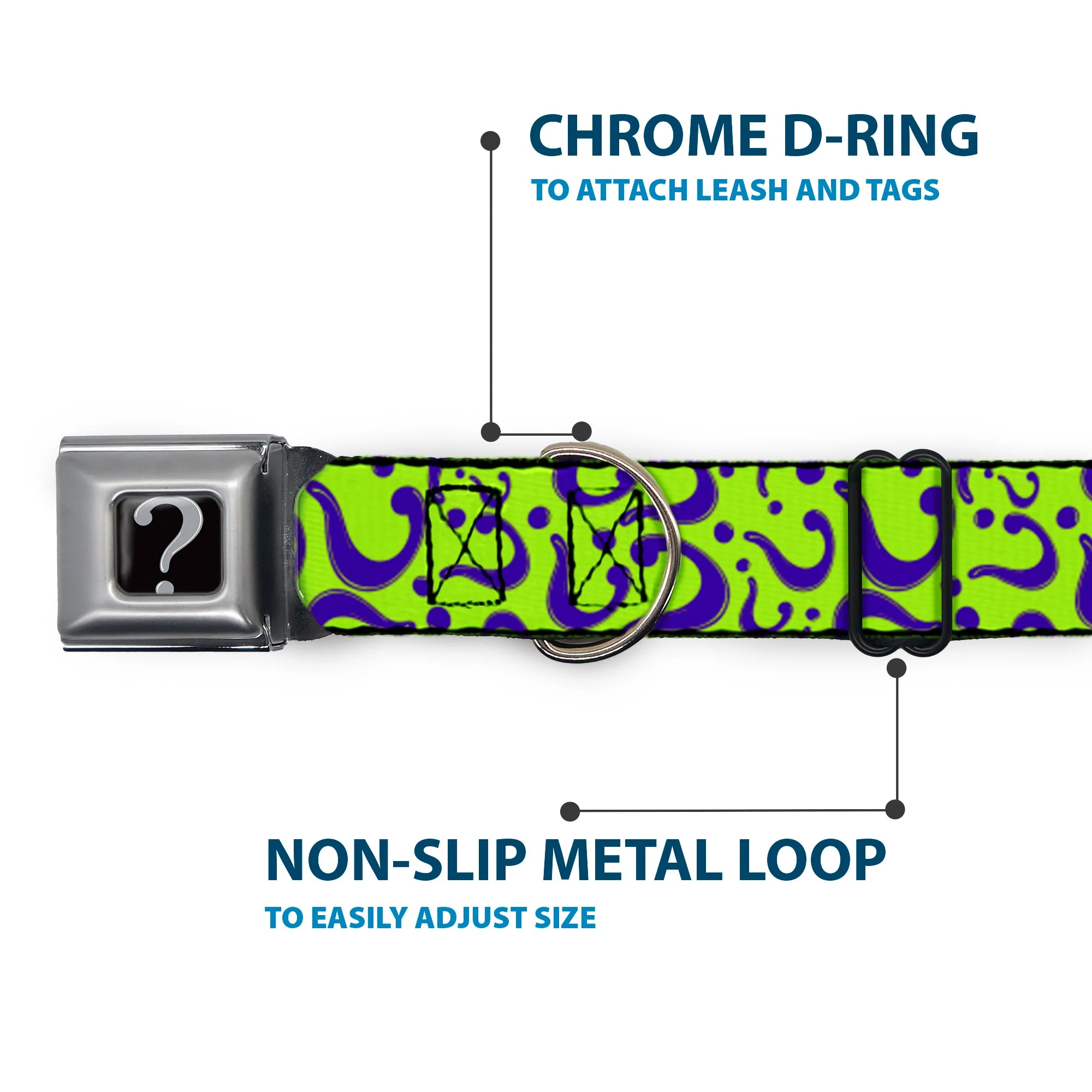 Riddler "?" Black Silver Seatbelt Buckle Collar - Question Mark Scattered Lime Green/Purple - Image 5