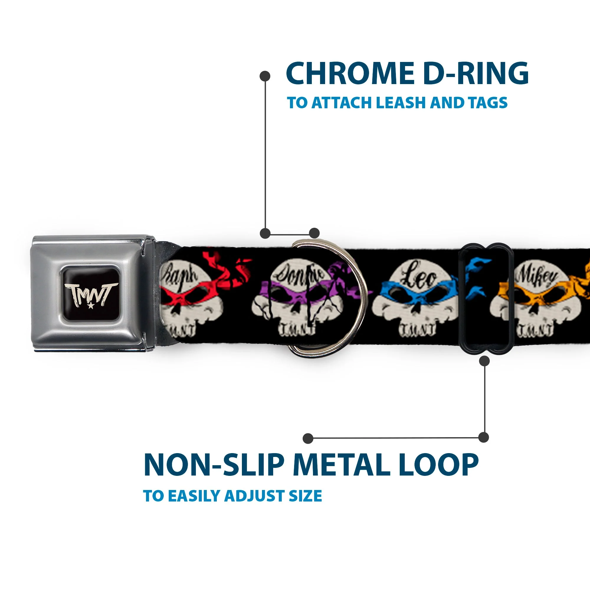 Road Rebel TMNT Logo Black/Gray Seatbelt Buckle Collar - TMNT 4-Turtle Road Rebel Skulls Black - Image 5