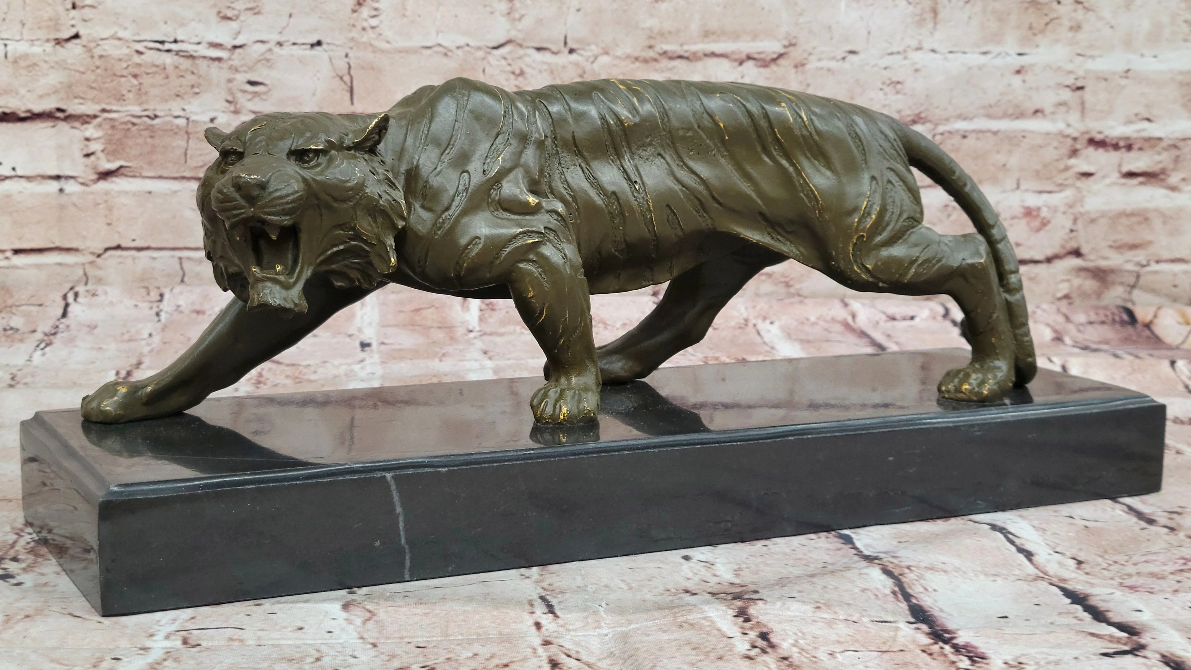 Roaring Bronze Tiger Sculpture on Marble Base; Wildlife Art - Image 3