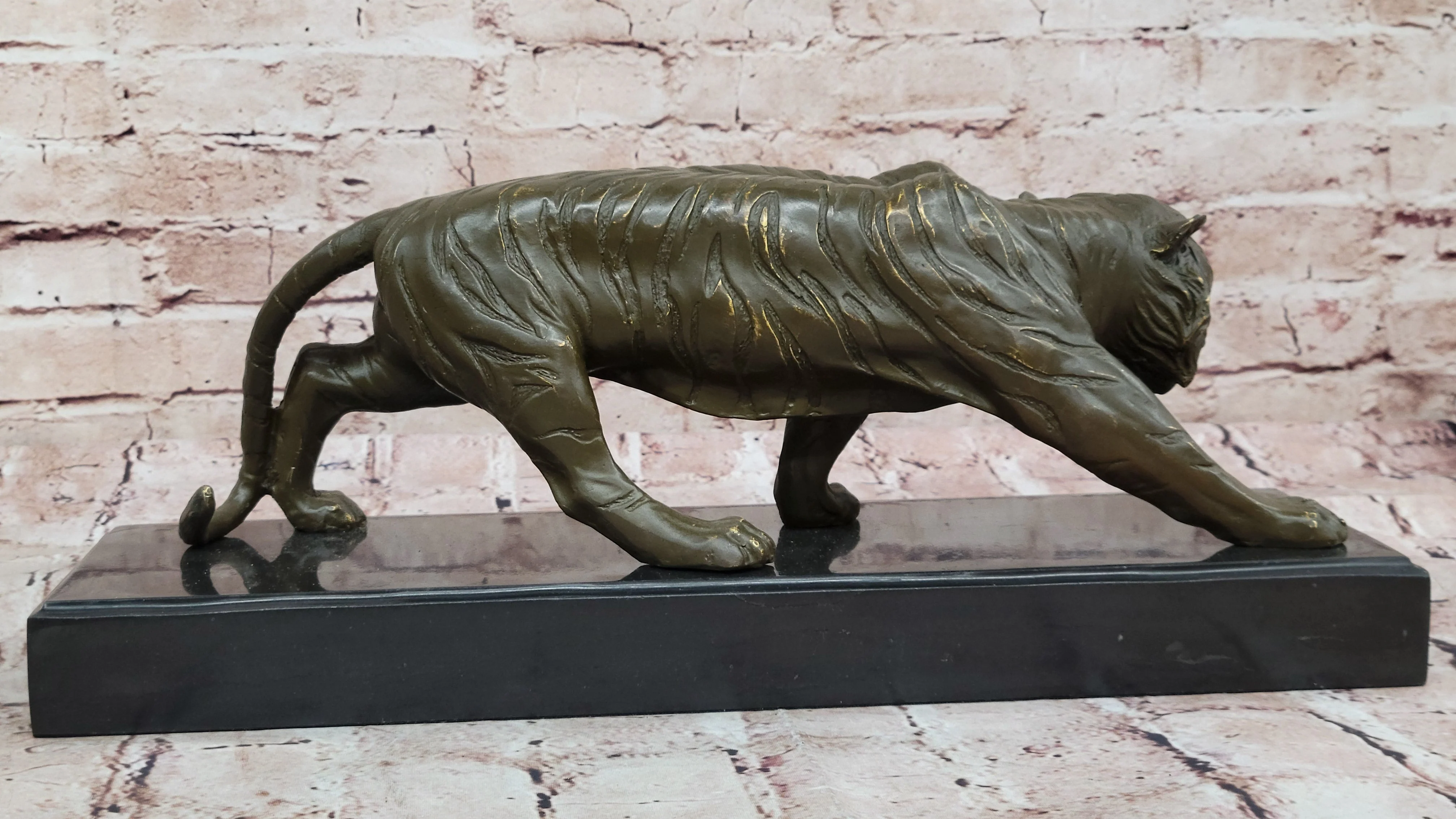 Roaring Bronze Tiger Sculpture on Marble Base; Wildlife Art - Image 4