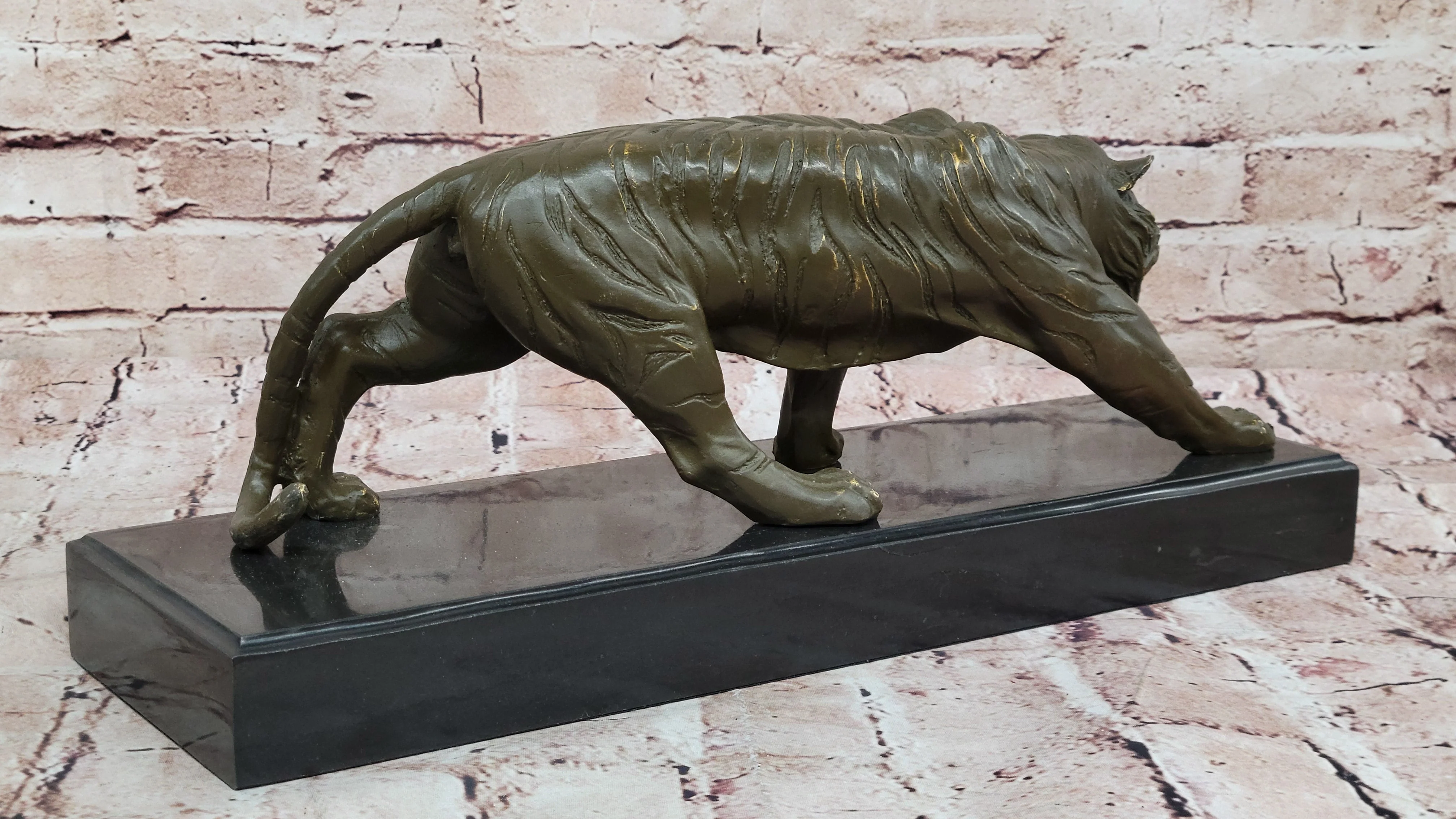 Roaring Bronze Tiger Sculpture on Marble Base; Wildlife Art - Image 5