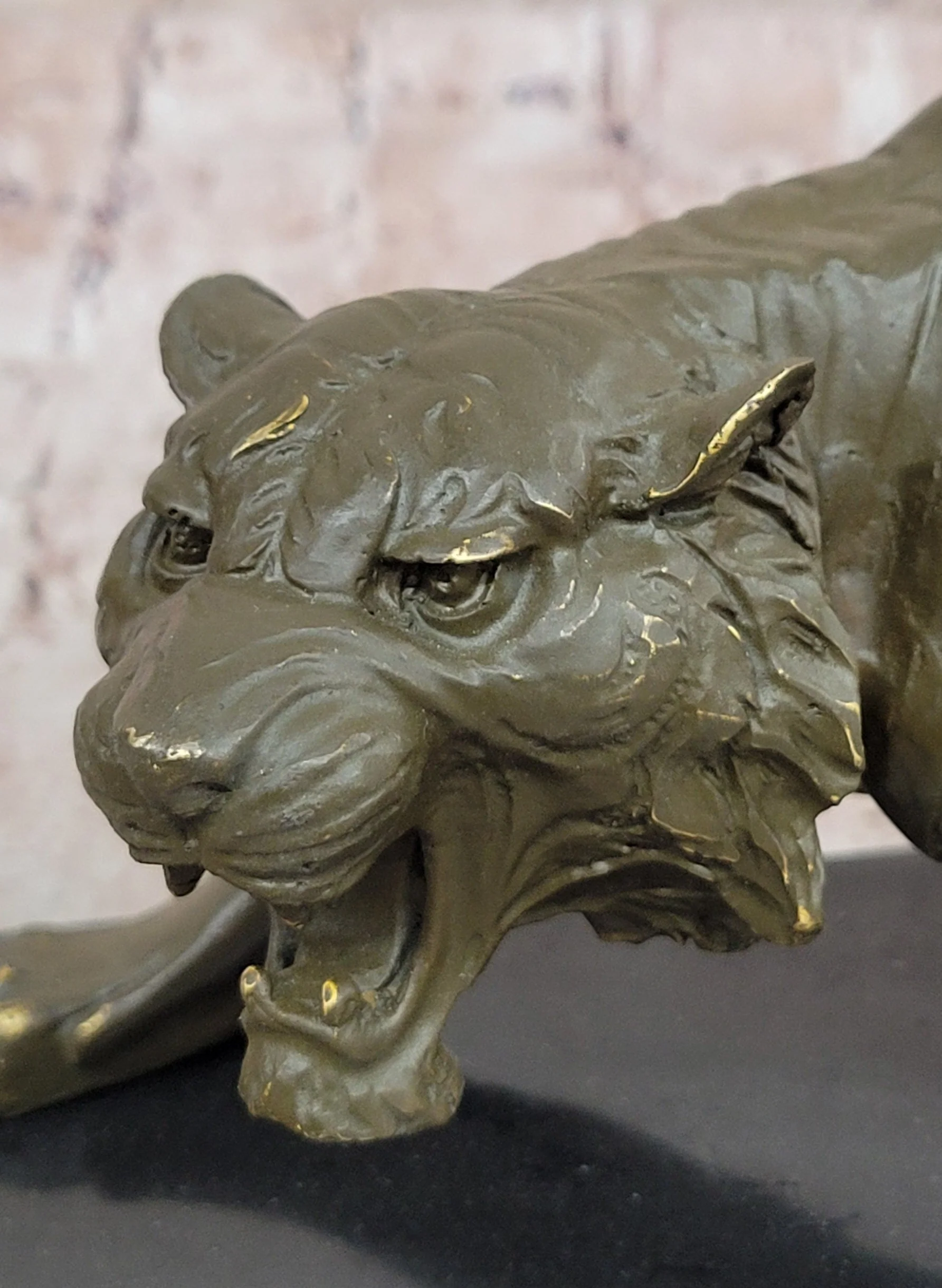 Roaring Bronze Tiger Sculpture on Marble Base; Wildlife Art - Image 7