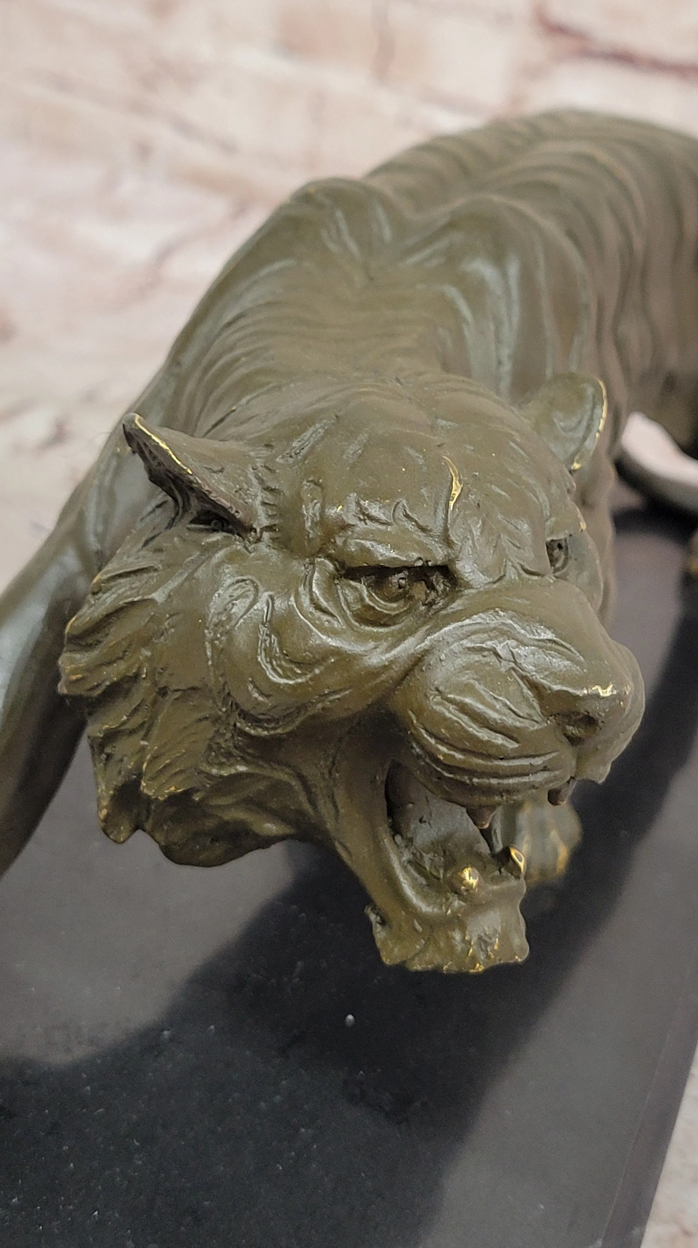 Roaring Bronze Tiger Sculpture on Marble Base; Wildlife Art - Image 9