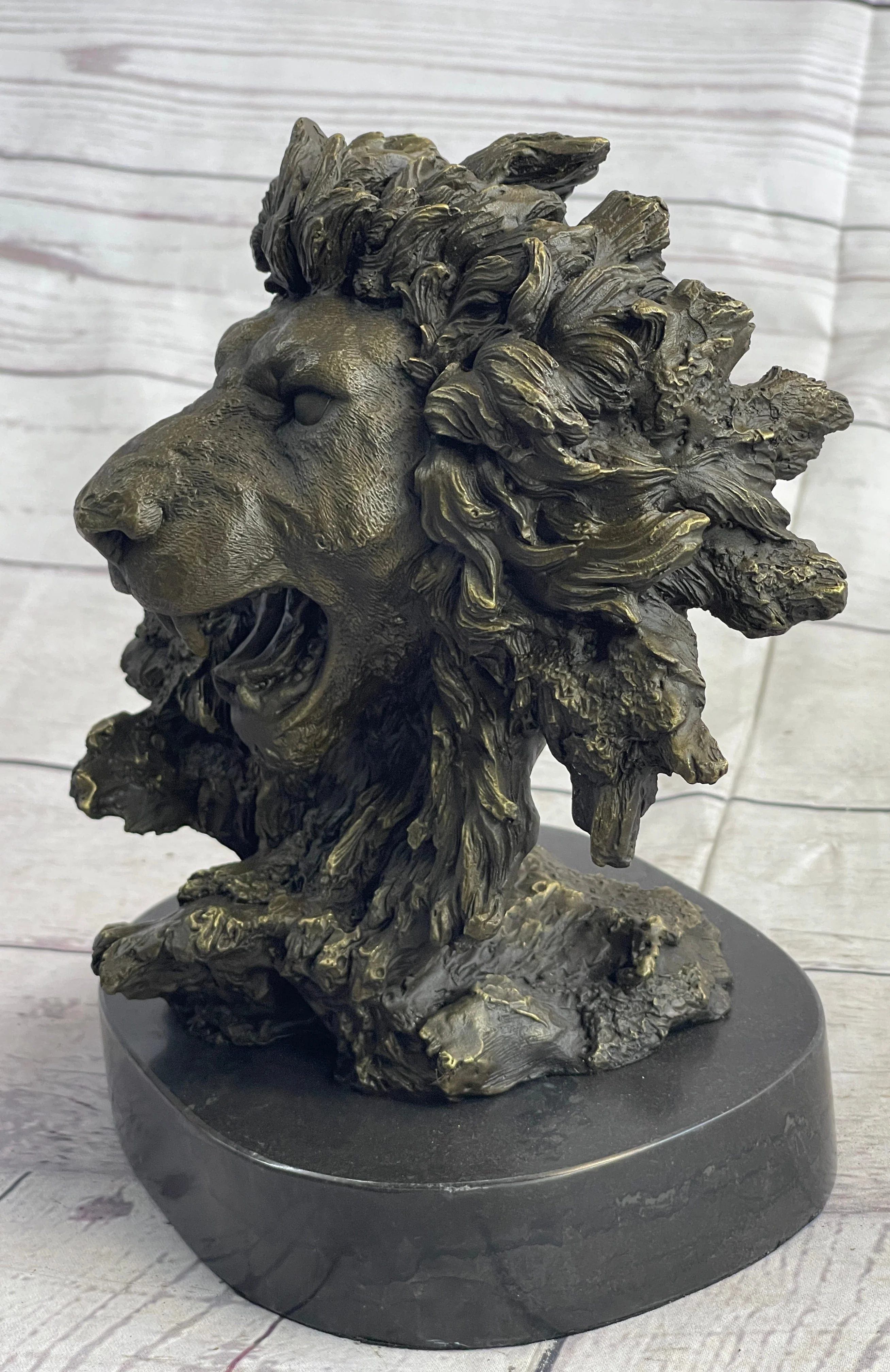 Roaring Lion's Head Lion Bust Bronze Sculpture Statue Figure Marble Base 9" x 7" - Image 5