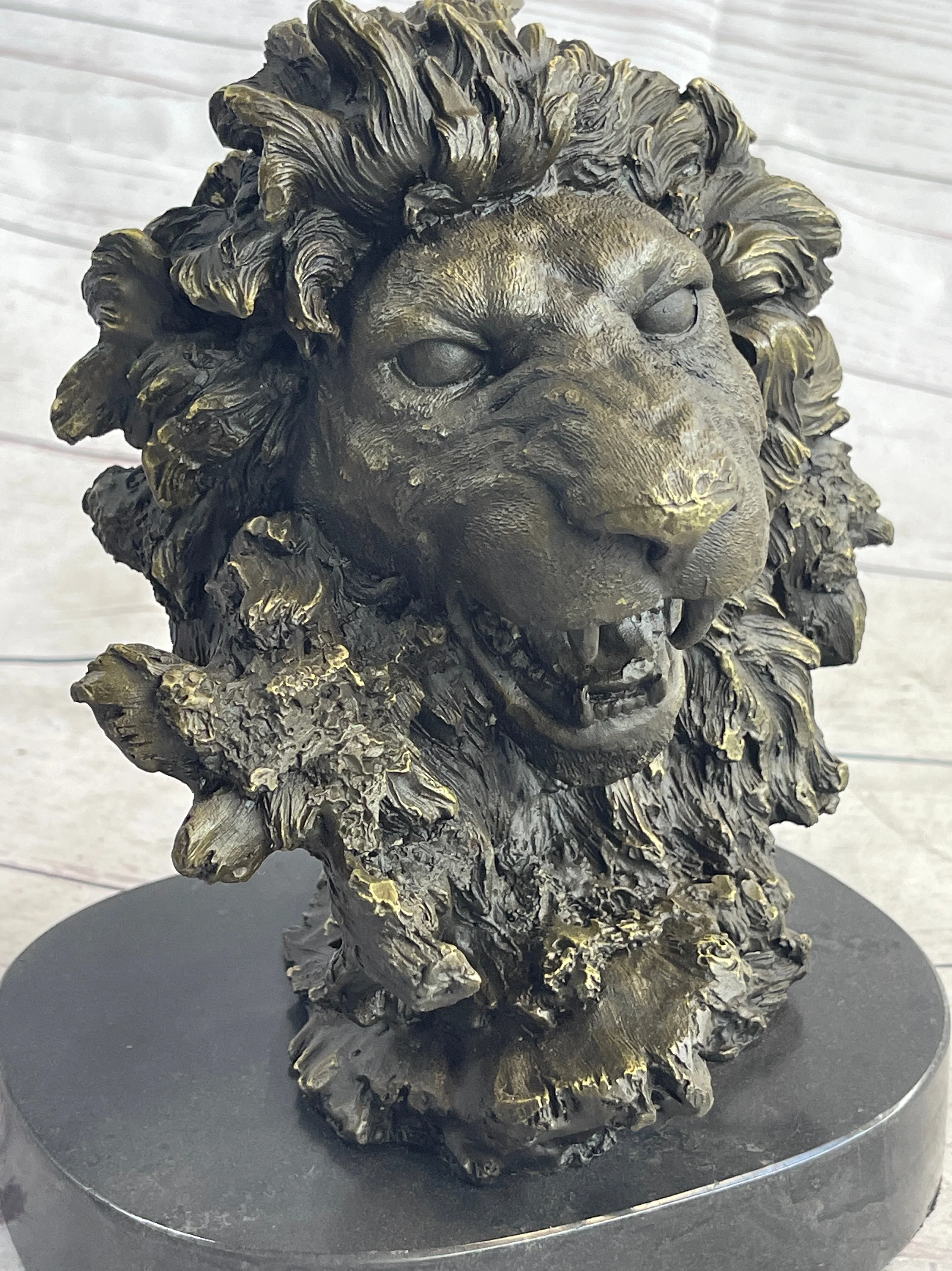 Roaring Lion's Head Lion Bust Bronze Sculpture Statue Figure Marble Base 9" x 7" - Image 8