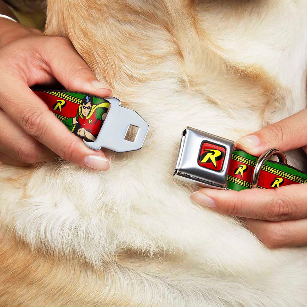 Robin "R" Logo Full Color Red/Black/Yellow Seatbelt Buckle Collar - Robin Action Pose/"R" Logo Stripe Green/Yellow/Red/Black - Image 8