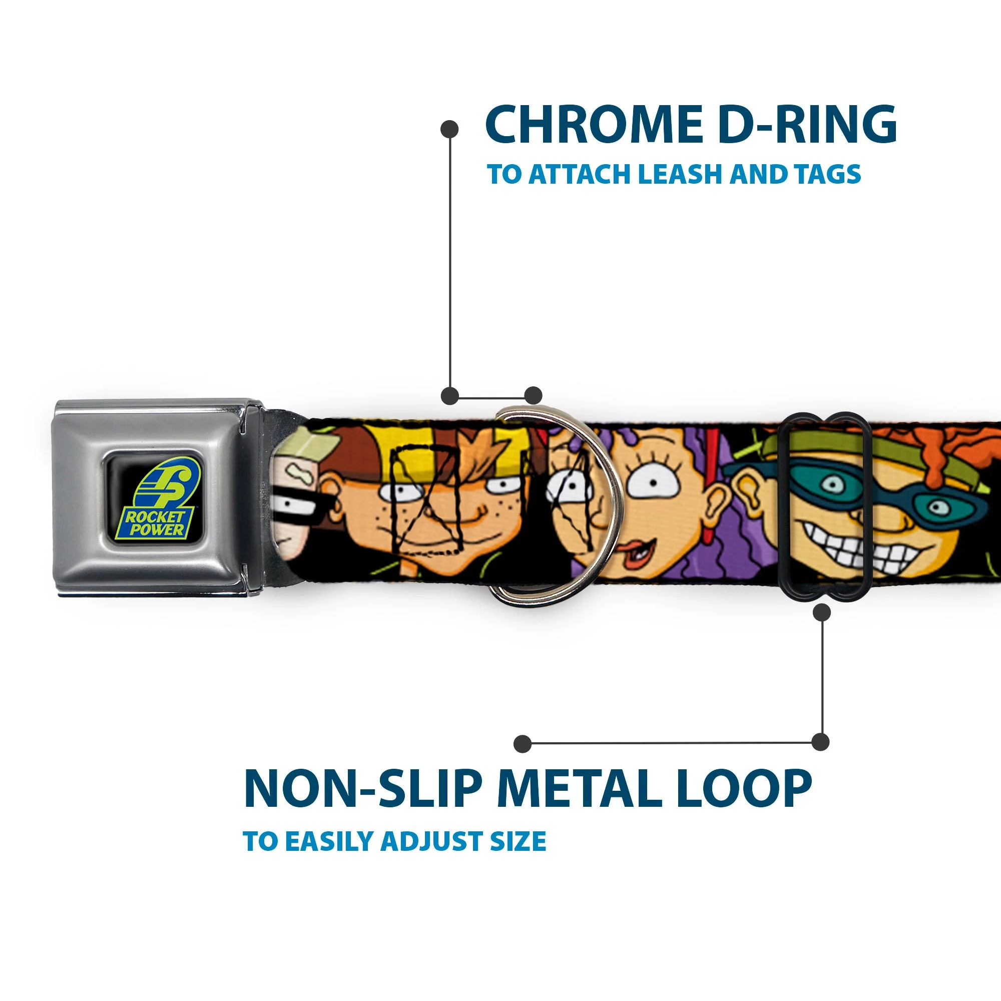 ROCKET POWER RP Logo Full Color Black/Green/Blue Seatbelt Buckle Collar - ROCKET POWER RP Logo/4-Character Faces CLOSE-UP Black/Green/Blue - Image 5